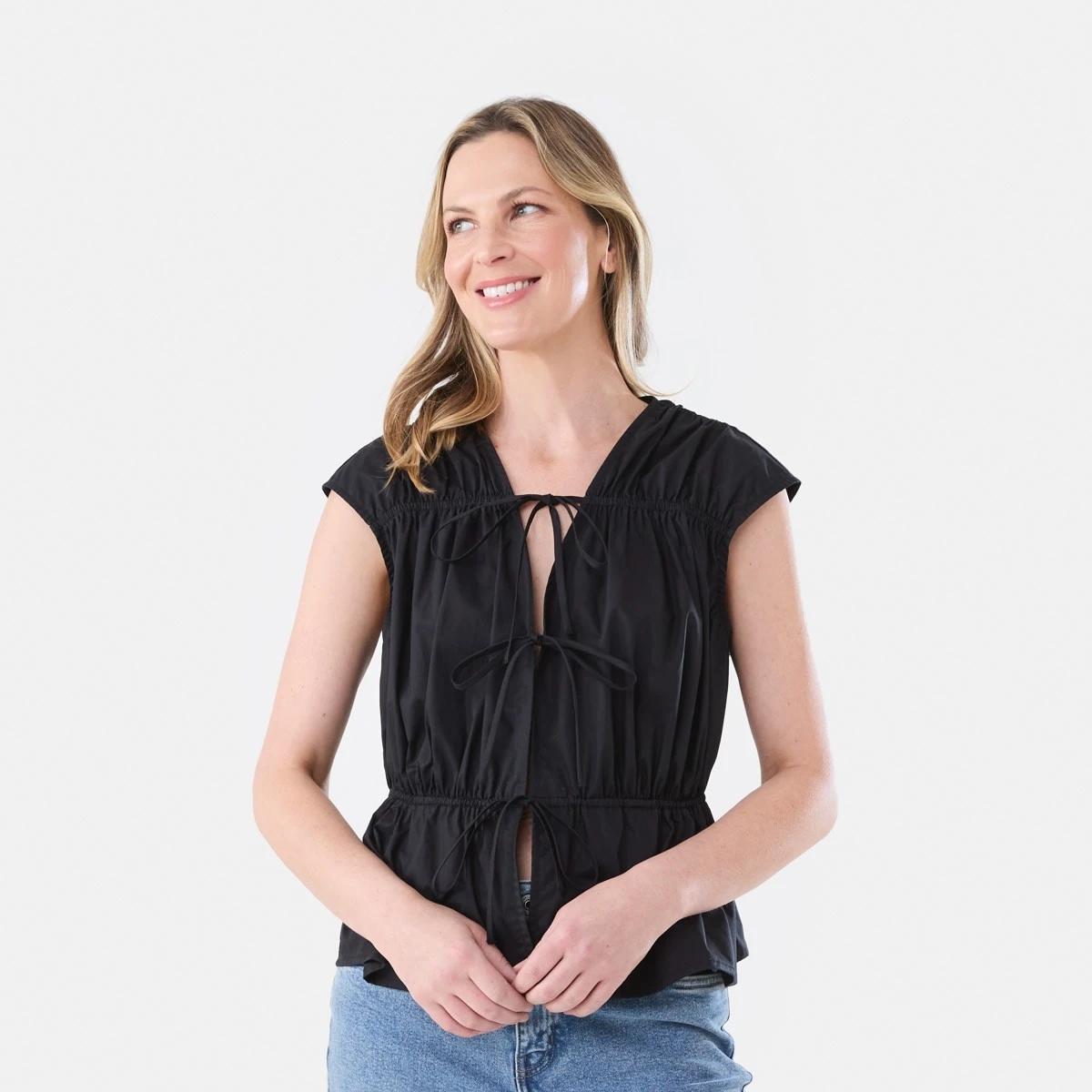 1 Sleeveless Poplin Gathered Tie Top BLACK, 1 of 5