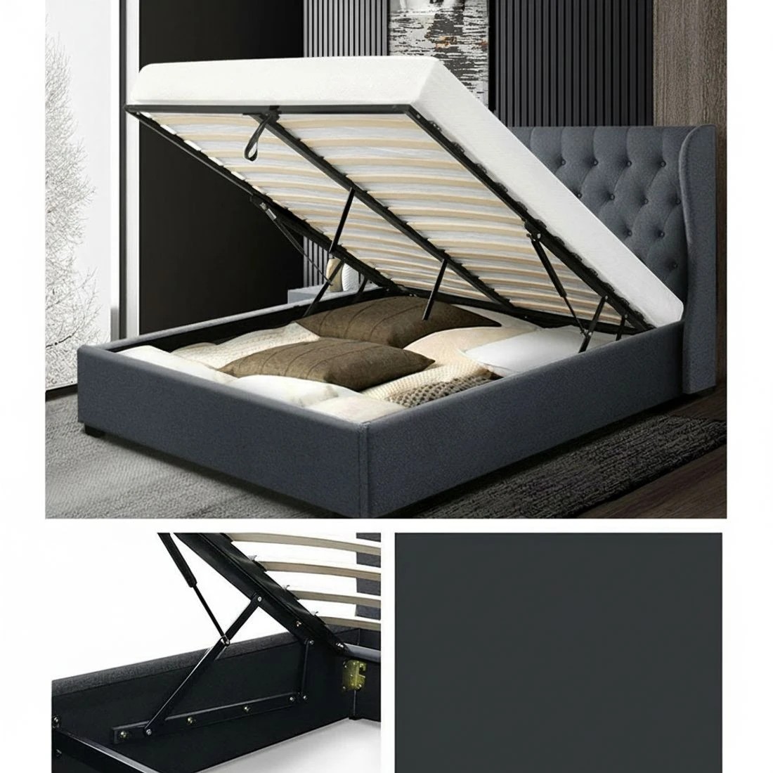 5 Artiss Bed Frame Queen Size Gas Lift Charcoal ISSA - Charcoal, 5 of 10