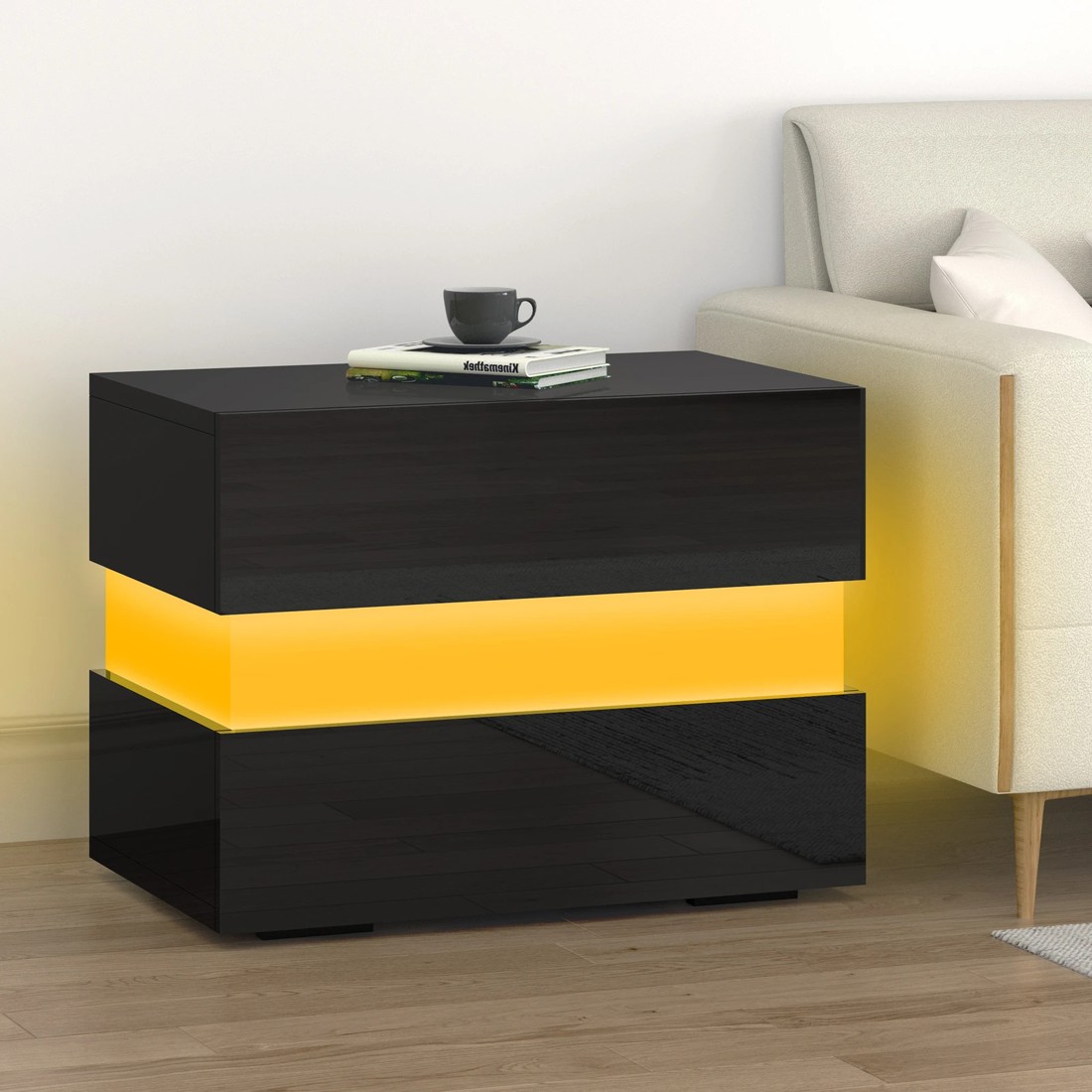 4 Alfordson Bedside Table RGB LED Nightstand 2 Drawers 4 Side High Gloss - Black, 4 of 10