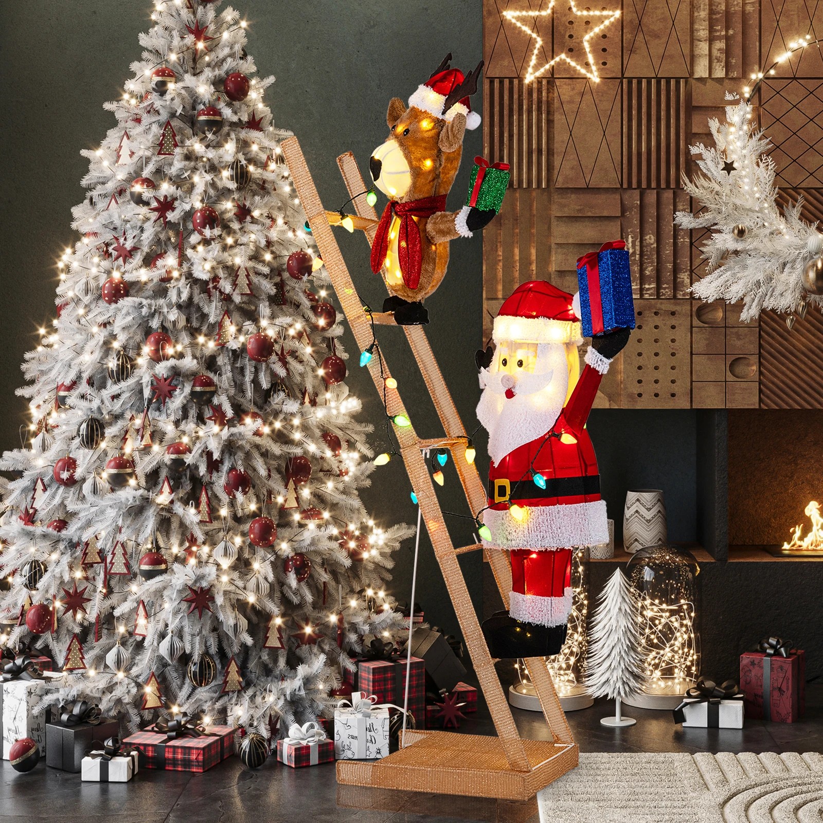 3 Costway Christmas Lighted Reindeer & Santa Claus on Ladder 166cm Pre-Lit Xmas Decoration, 3 of 5
