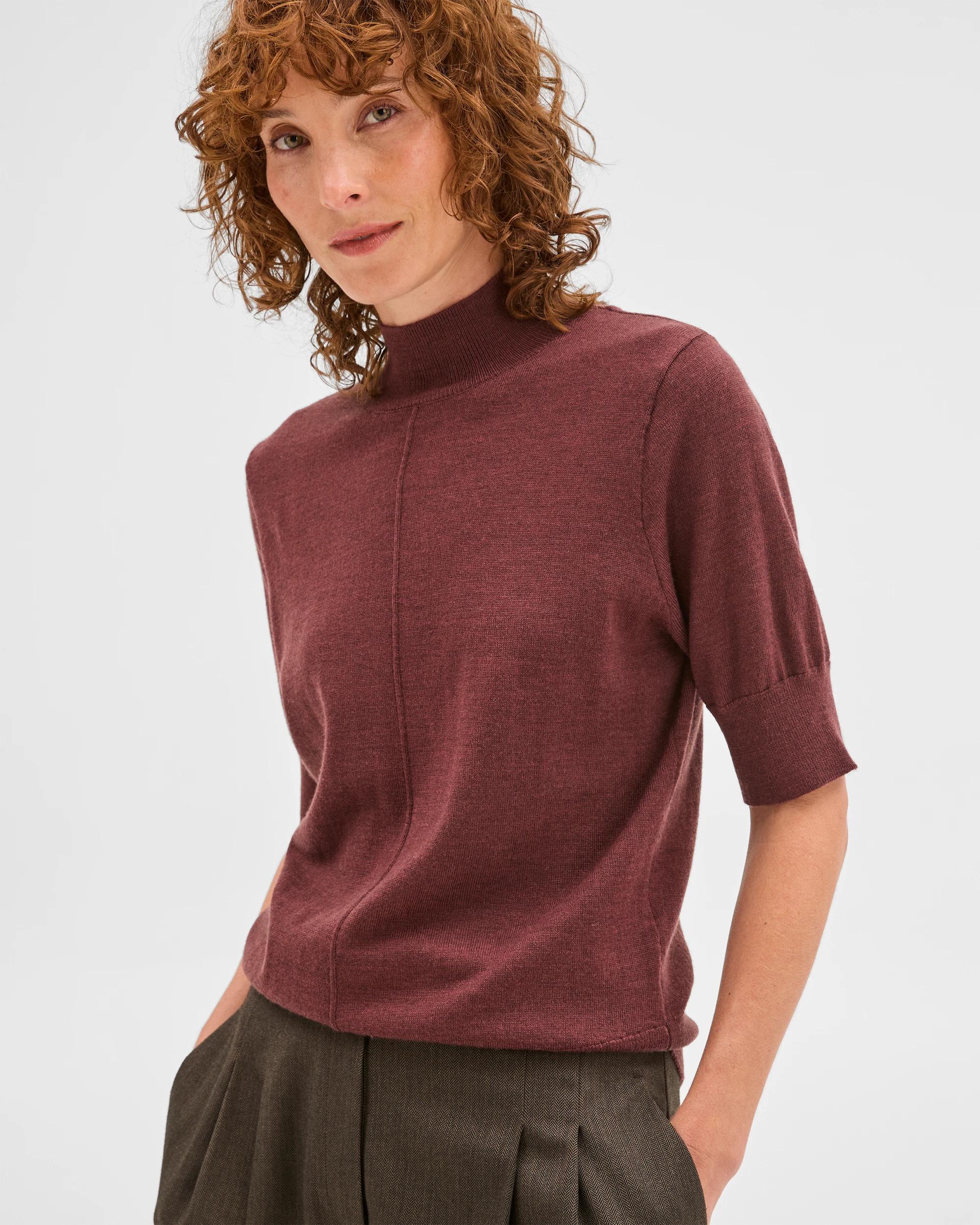 3 Preview Merino Wool Mock Neck Stitch Detail Top RUM RAISIN, 3 of 7