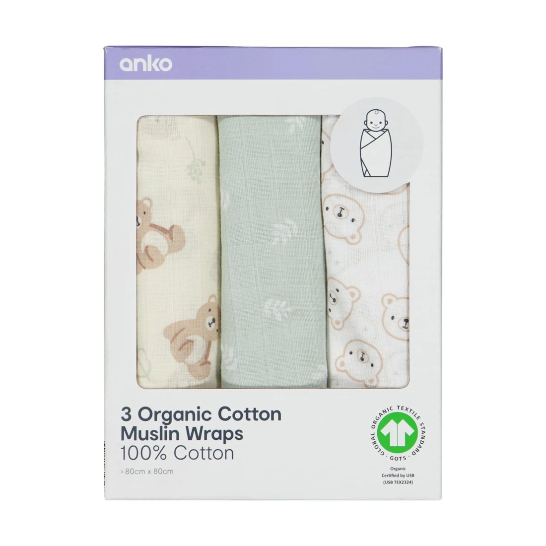 3 3 Pack Organic Cotton Muslin Wraps - Bears, 3 of 6