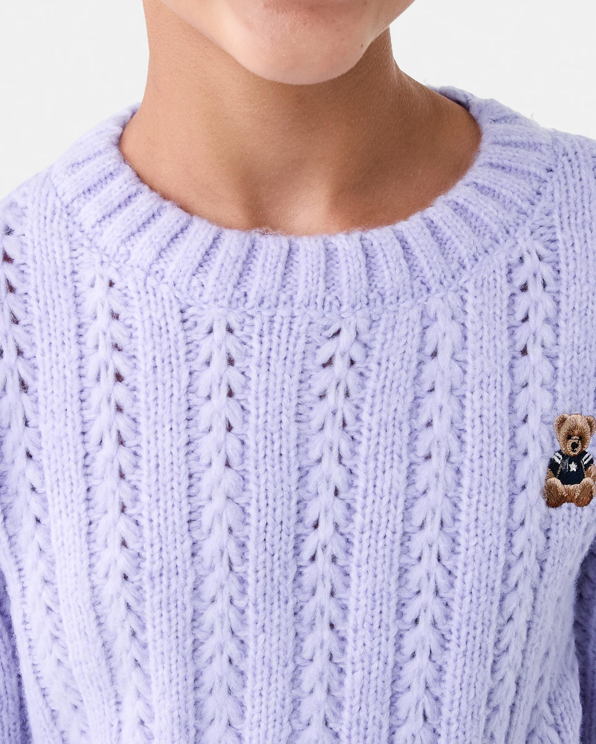 3 Cable Bear Crew Knit Sweatshirt Prple Bear, 3 of 7