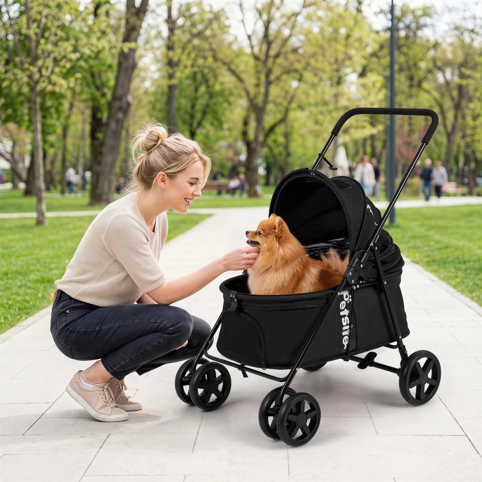 3 Costway Foldable Pet Stroller Portable Pet Travel Cart w/Double-Sided Canopy - Black, 3 of 6