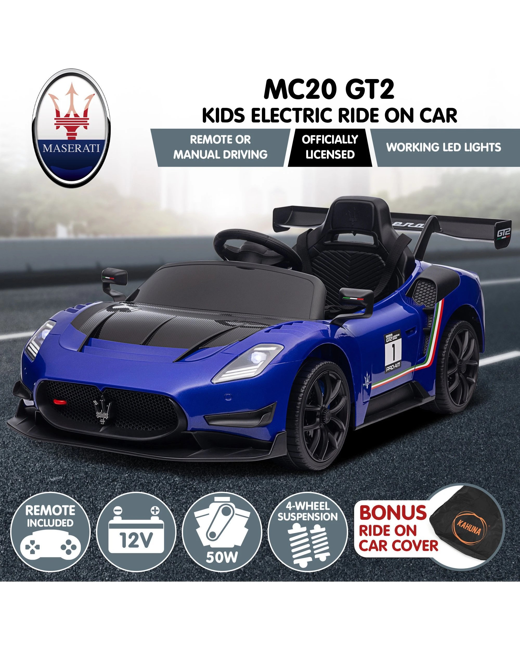 10 Kahuna Maserati MC20 GT2 Licensed Electric Kids Ride On Race Car Blue, 10 of 10