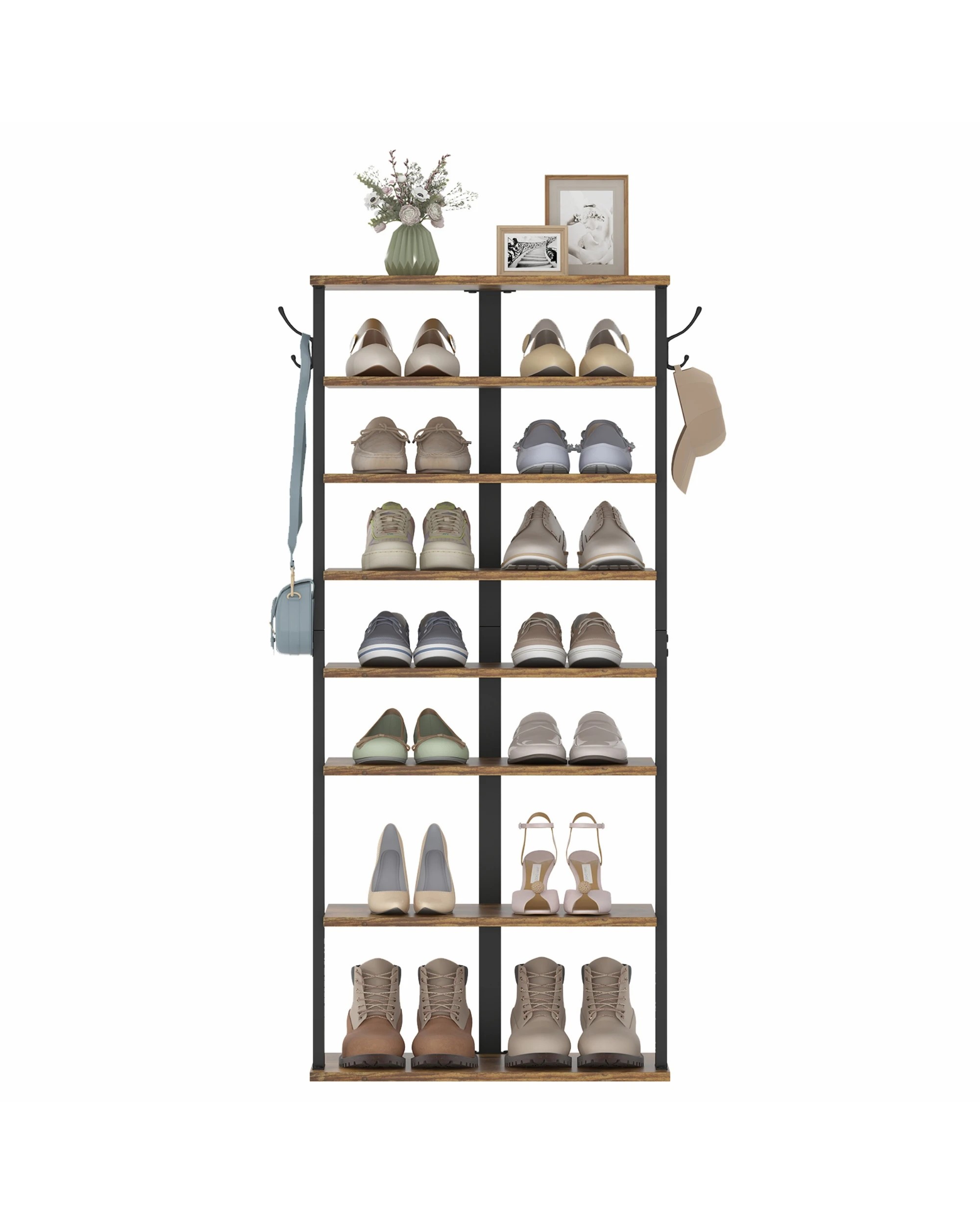 7 Advwin 8 Tier Vertical Shoe Rack Shoe Storage Organiser Narrow Shoe Tower, Rustic Brown, 7 of 10