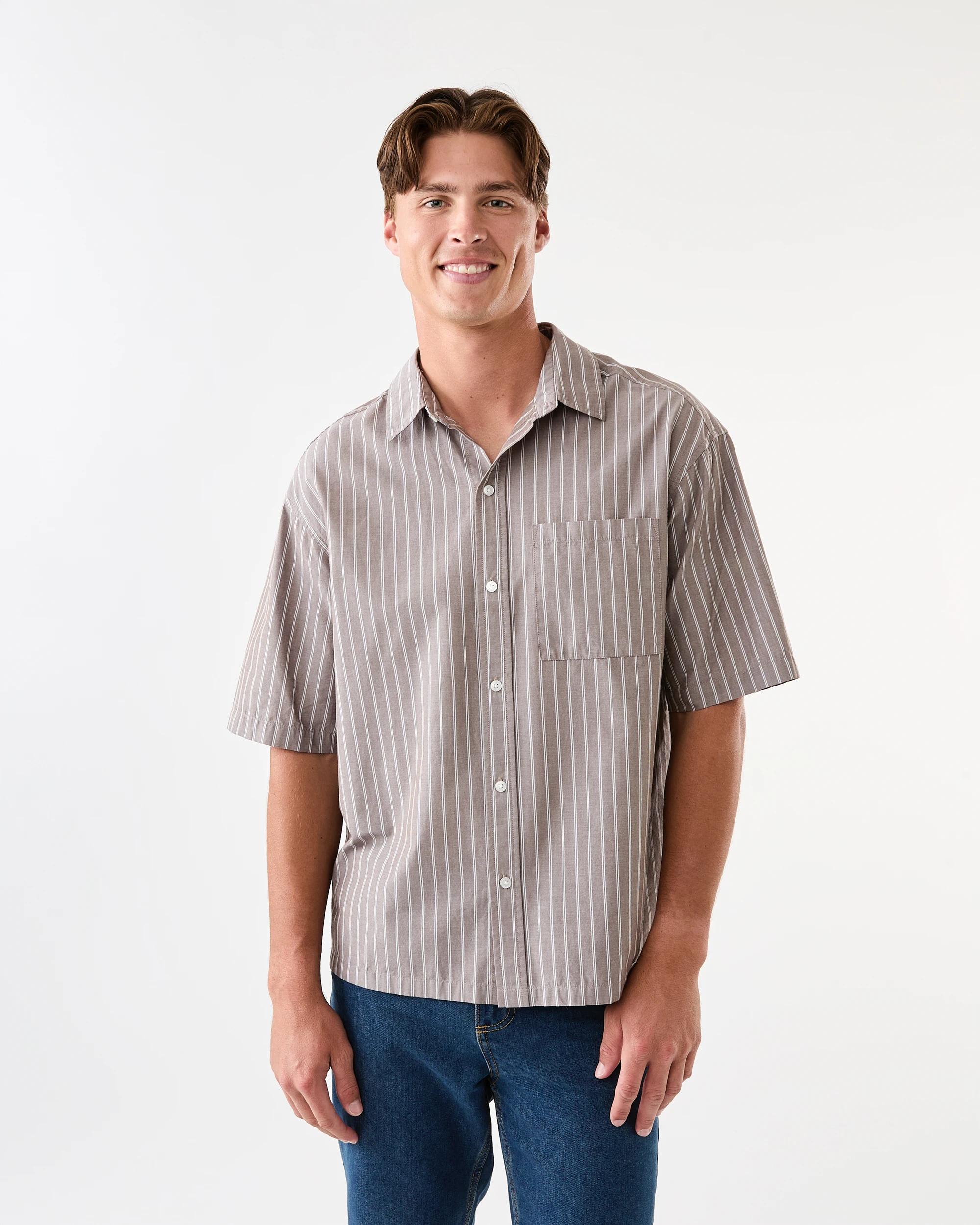 1 Short Sleeve Boxy Poplin Stripe Shirt Brn Stripe, 1 of 7