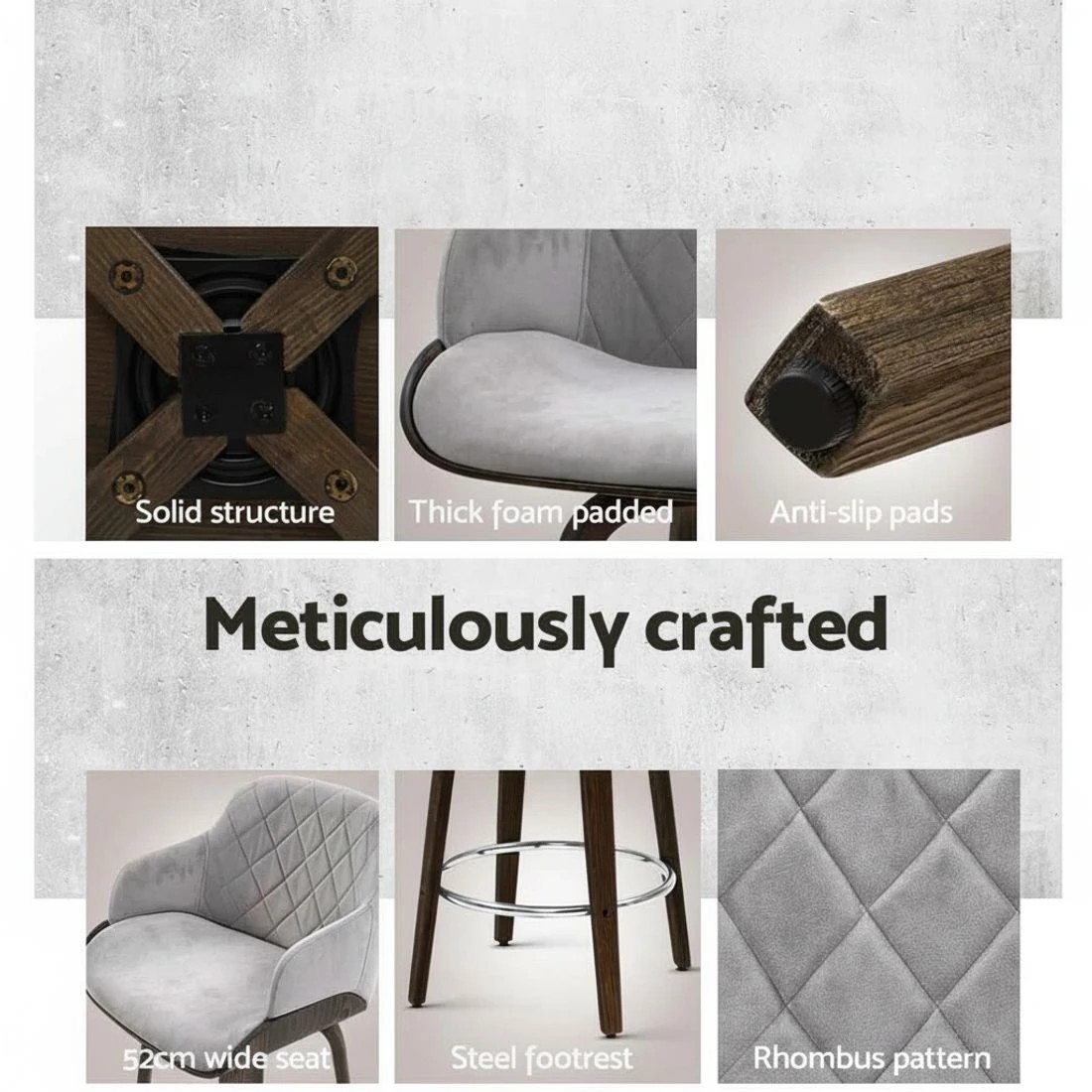 5 Artiss 2x Bar Stools Swivel Velvet Padded Wooden - Grey, 5 of 6