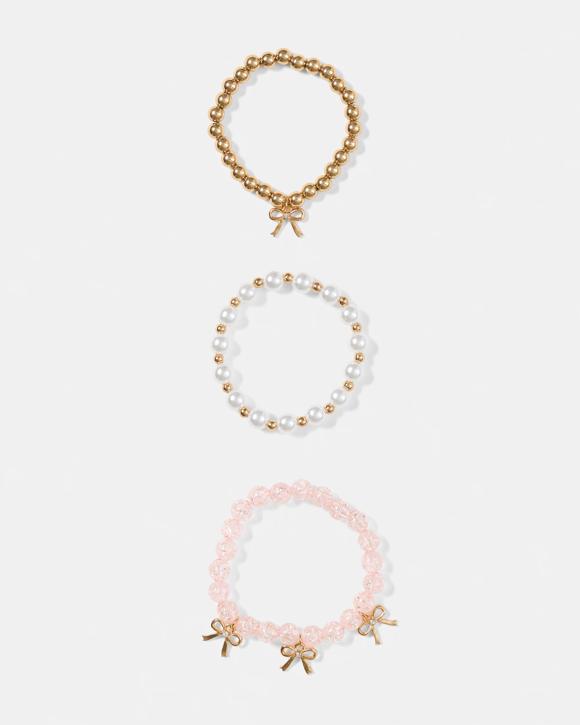 3 Pack Charm Bracelets - Pink, White and Gold Tone