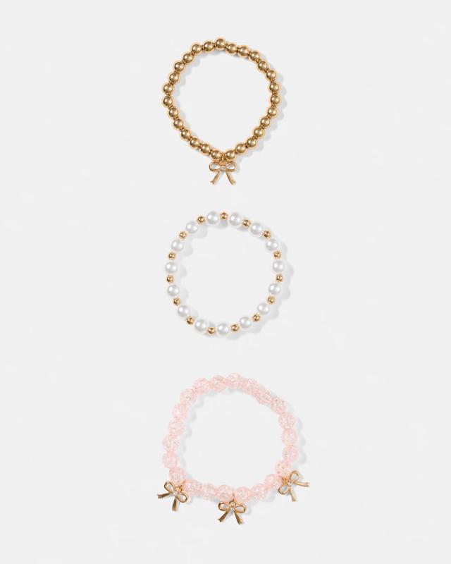3 Pack Charm Bracelets - Pink, White and Gold 