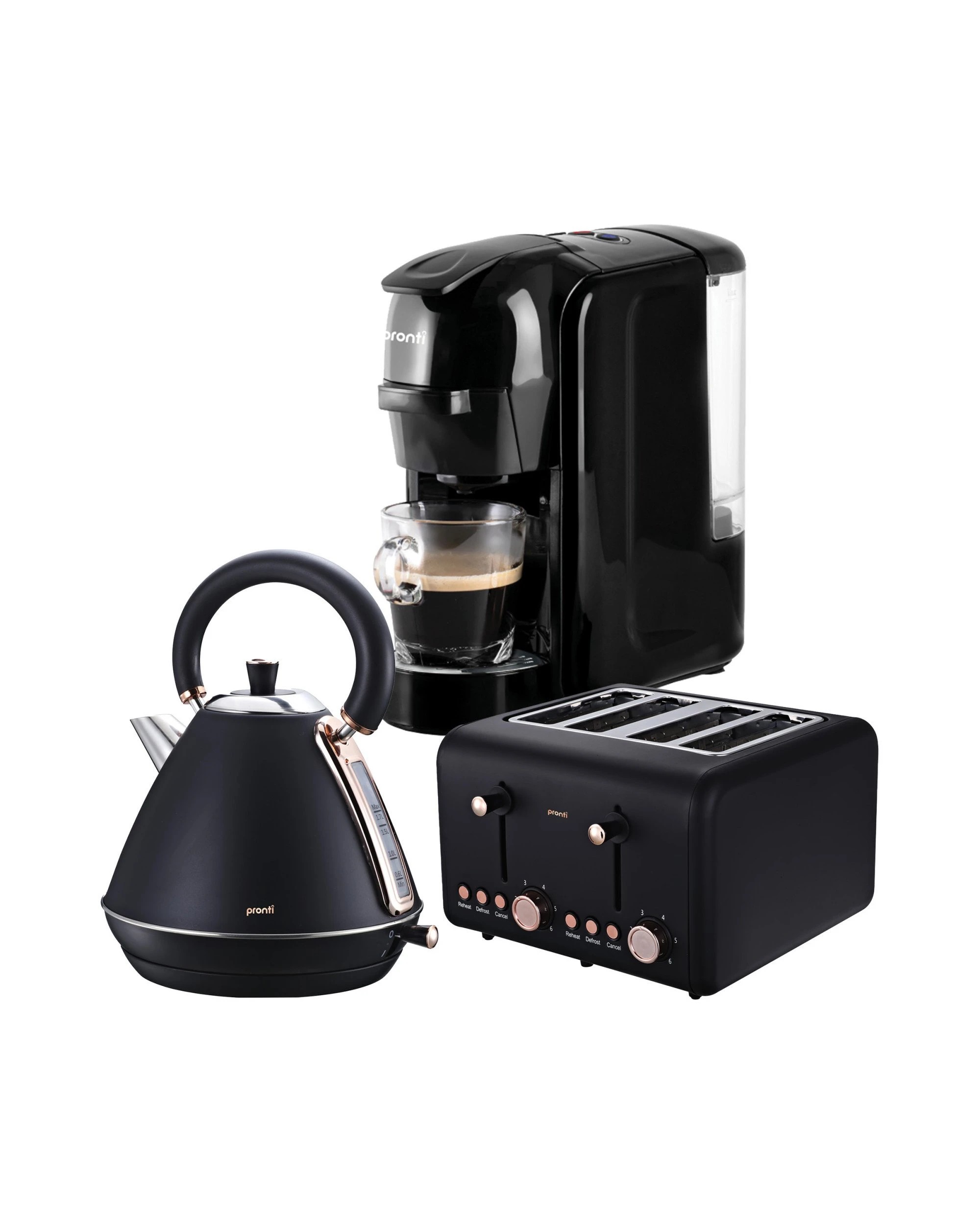1 Pronti 3-in-1 Breakfast Set Kettle, 4-slice Toaster And Pronti Homemaid Coffee Machine Appliance Combo In Black, 1 of 10
