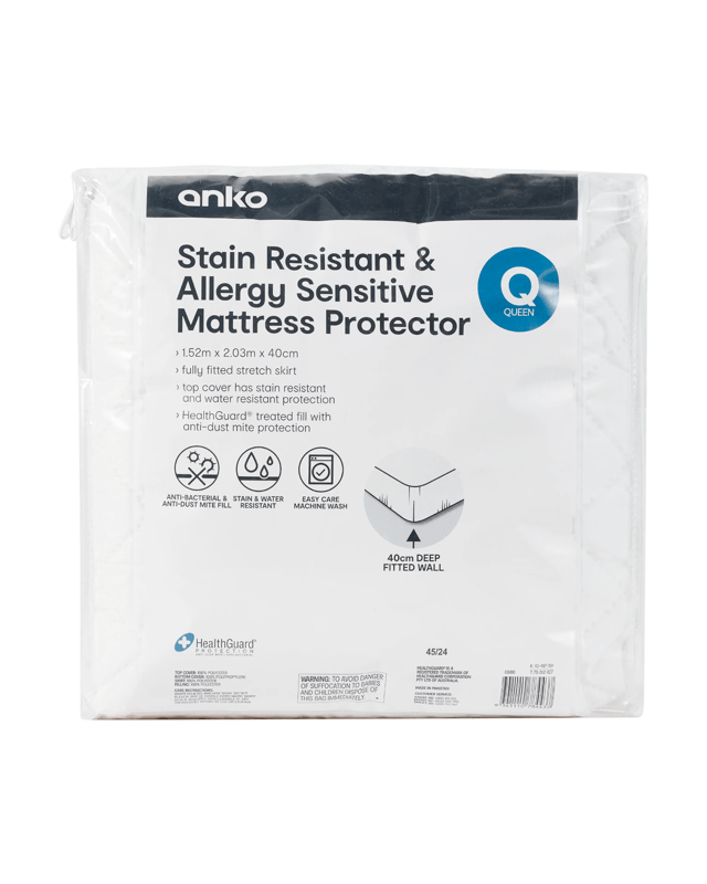 Stain Resistant and Allergy Sensitive Mattress Protector - Queen Bed, W