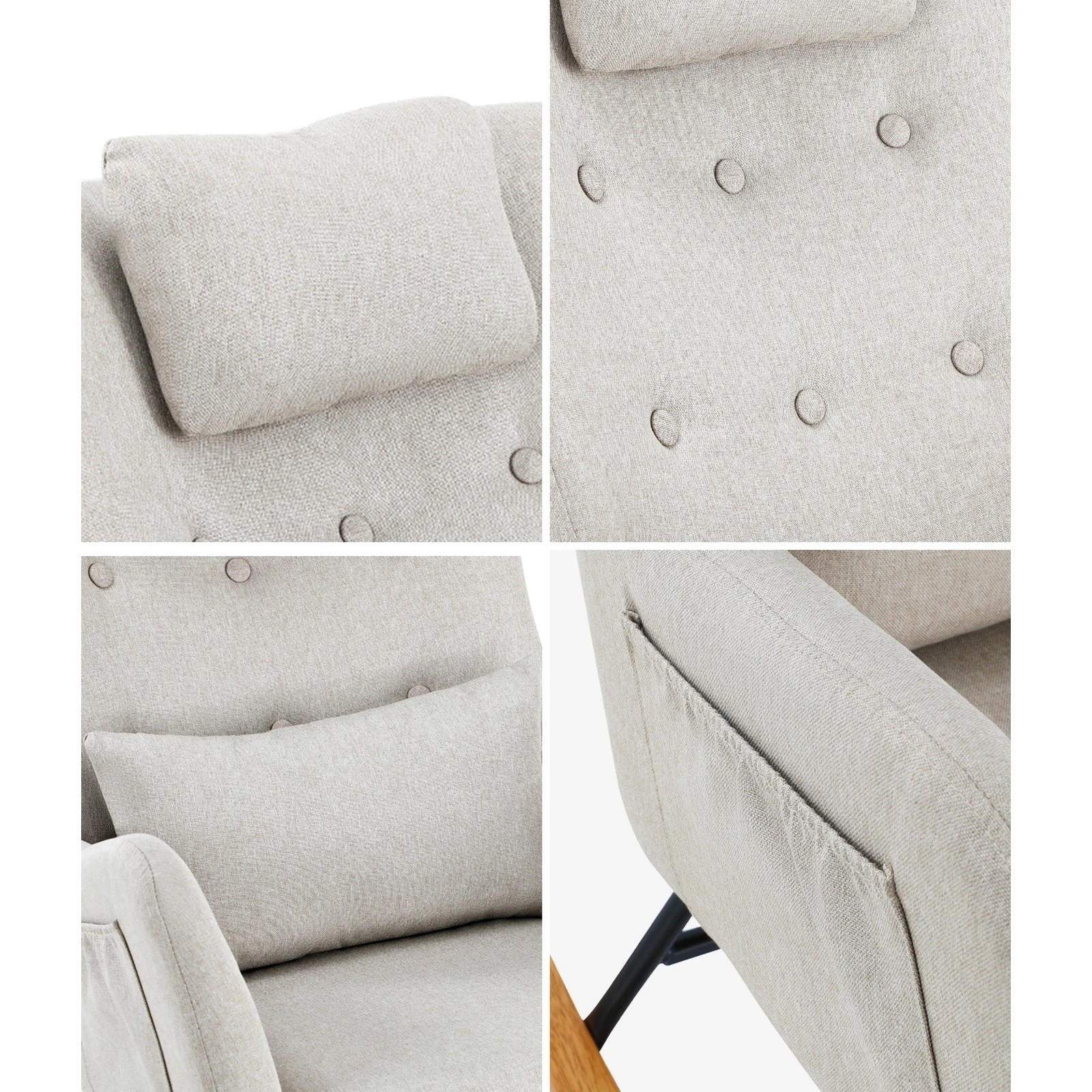 5 Oikiture 2x Rocking Chair Nursing Armchair Linen Chairs With 2 Pillow - Beige, 5 of 10