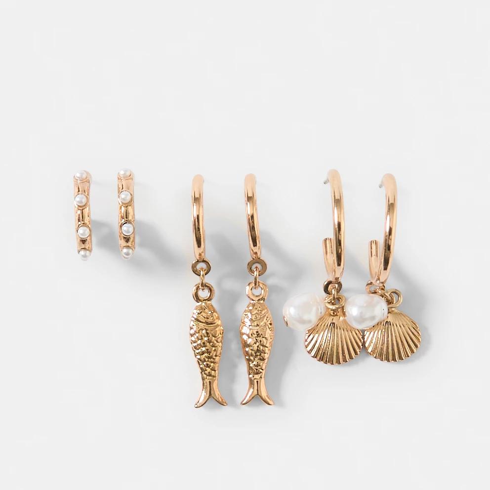 1 3 Pack Sardine and Shell Earrings - Gold Tone GOLD, 1 of 5