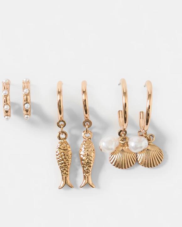 3 Pack Sardine and Shell Earrings - Gold Tone