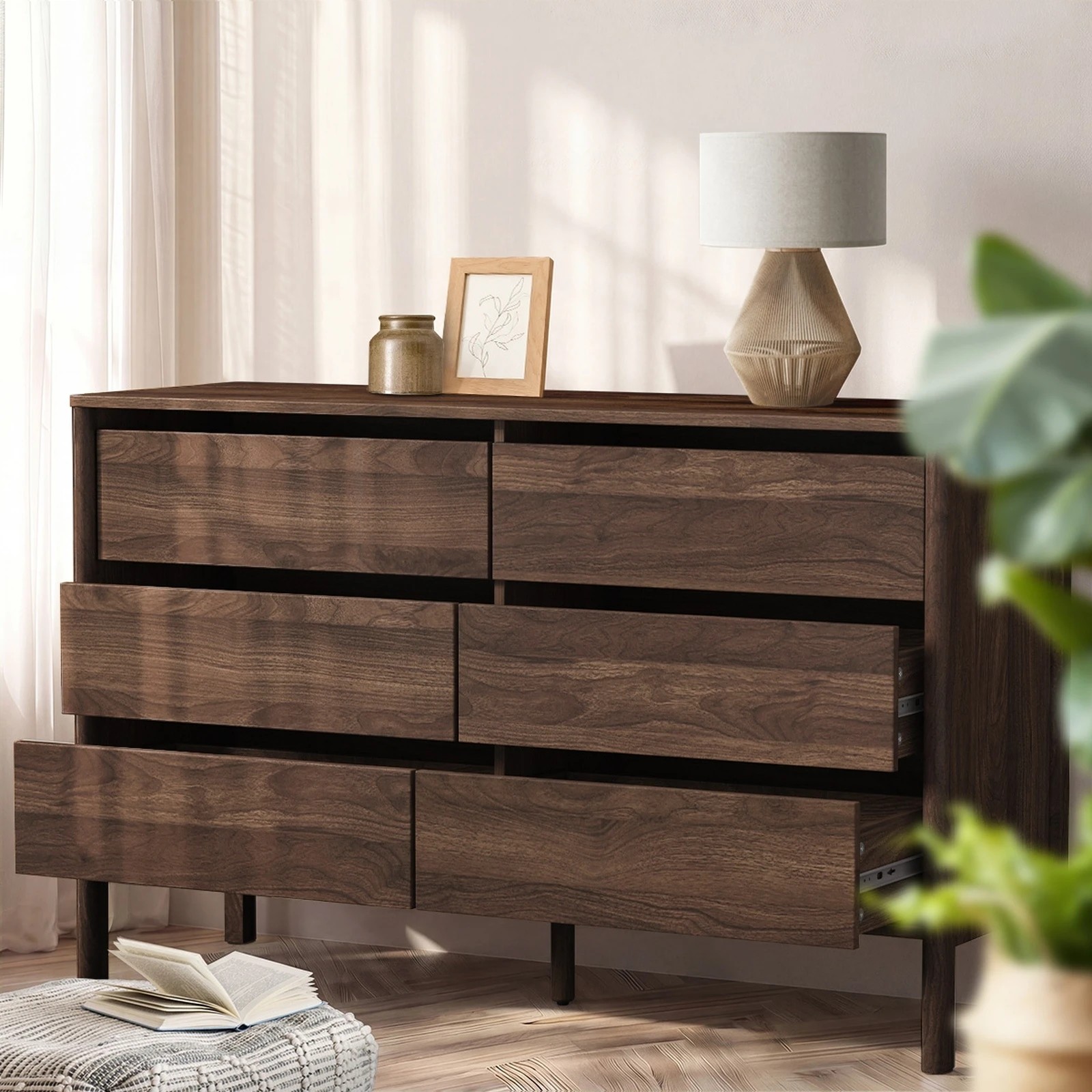 4 Oikiture 6 Chest Of Drawers Dresser Lowboy Storage Handle-Free Bedroom - Brown, 4 of 8