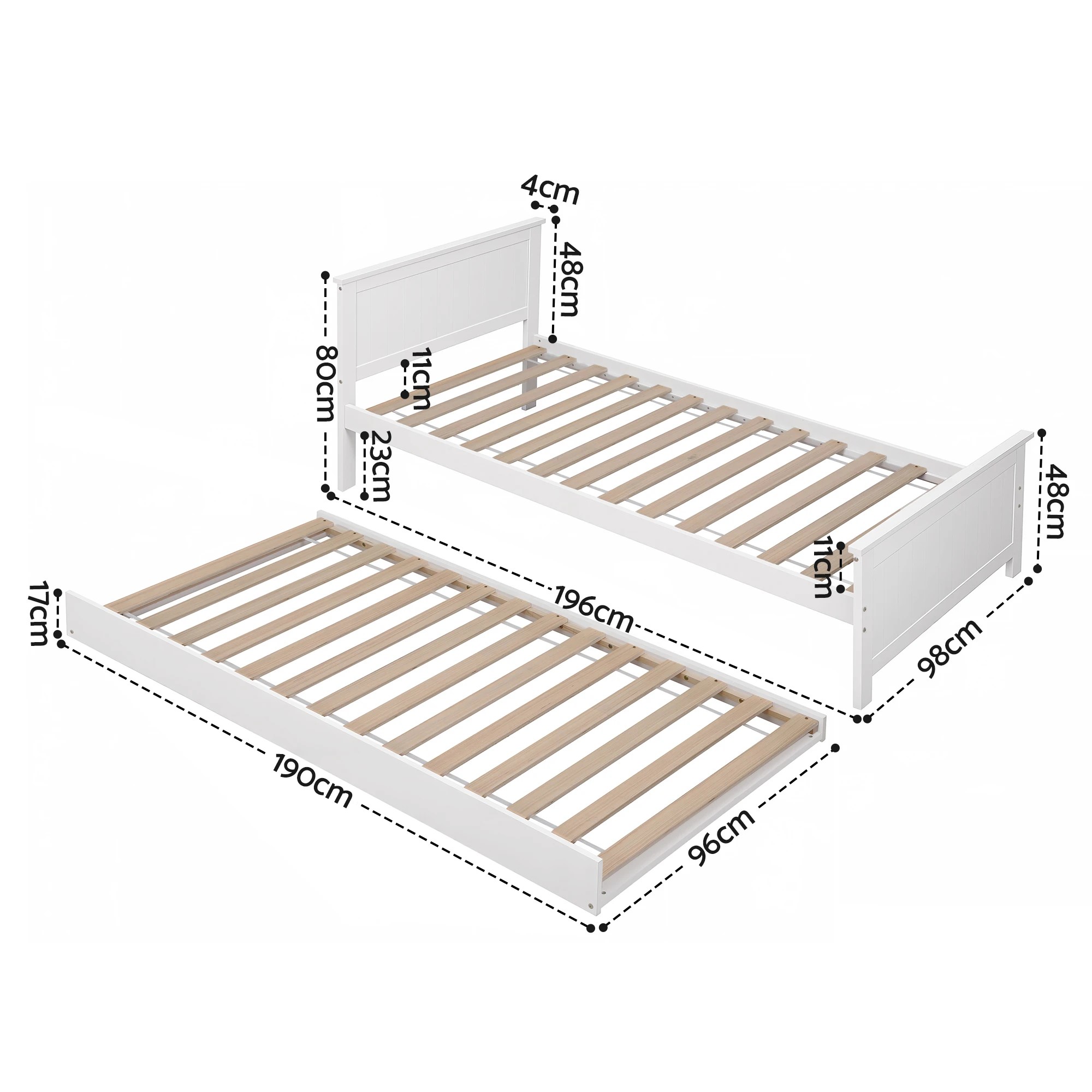 2 Artiss Single Bed Frame with Trundle Wood Toddler Bunk Bed with Headboard - White, 2 of 9