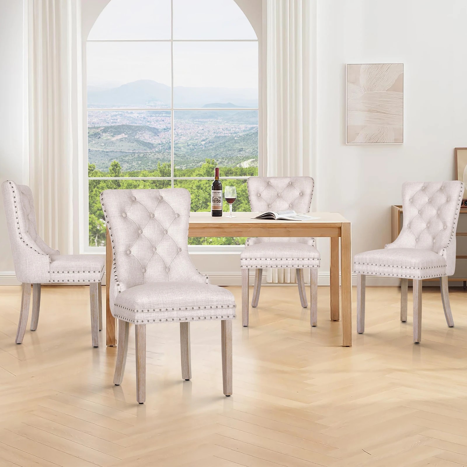 9 Alfordson 2x Dining Chair Kitchen Lounge Retro Button Tufted Wooden Fabric - Beige, 9 of 10