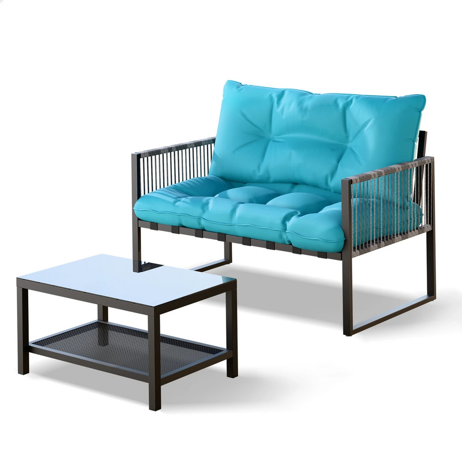 1 Alfordson 2PCS Outdoor Lounge Sofa Set Wicker Furniture Table and Chairs Garden - Blue, 1 of 10