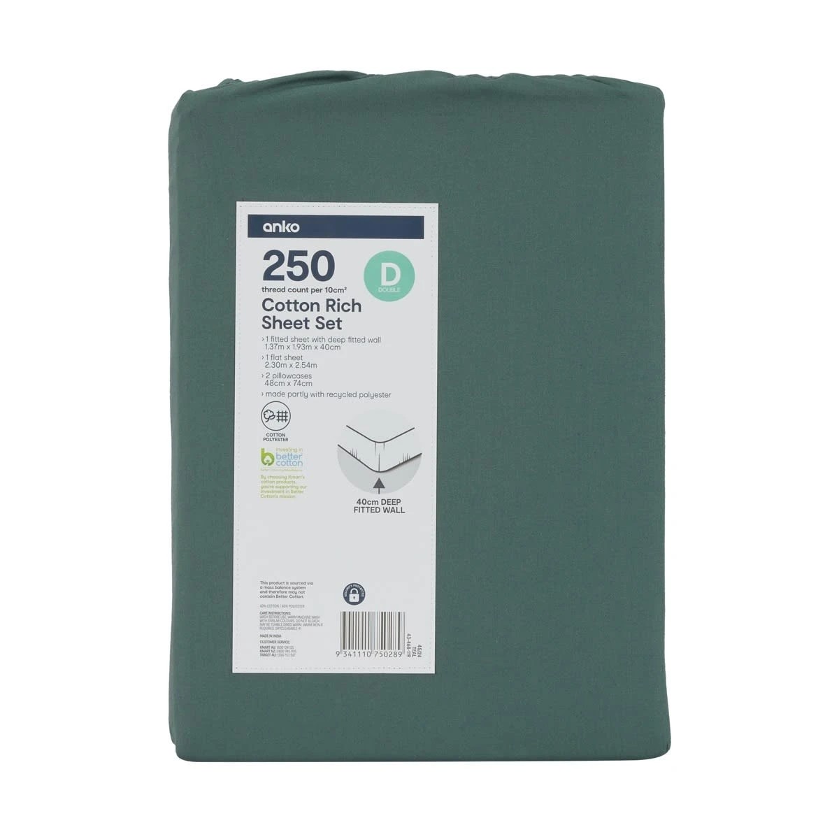 7 250 Thread Count Cotton Rich Sheet Set - Double Bed, Teal, 7 of 7