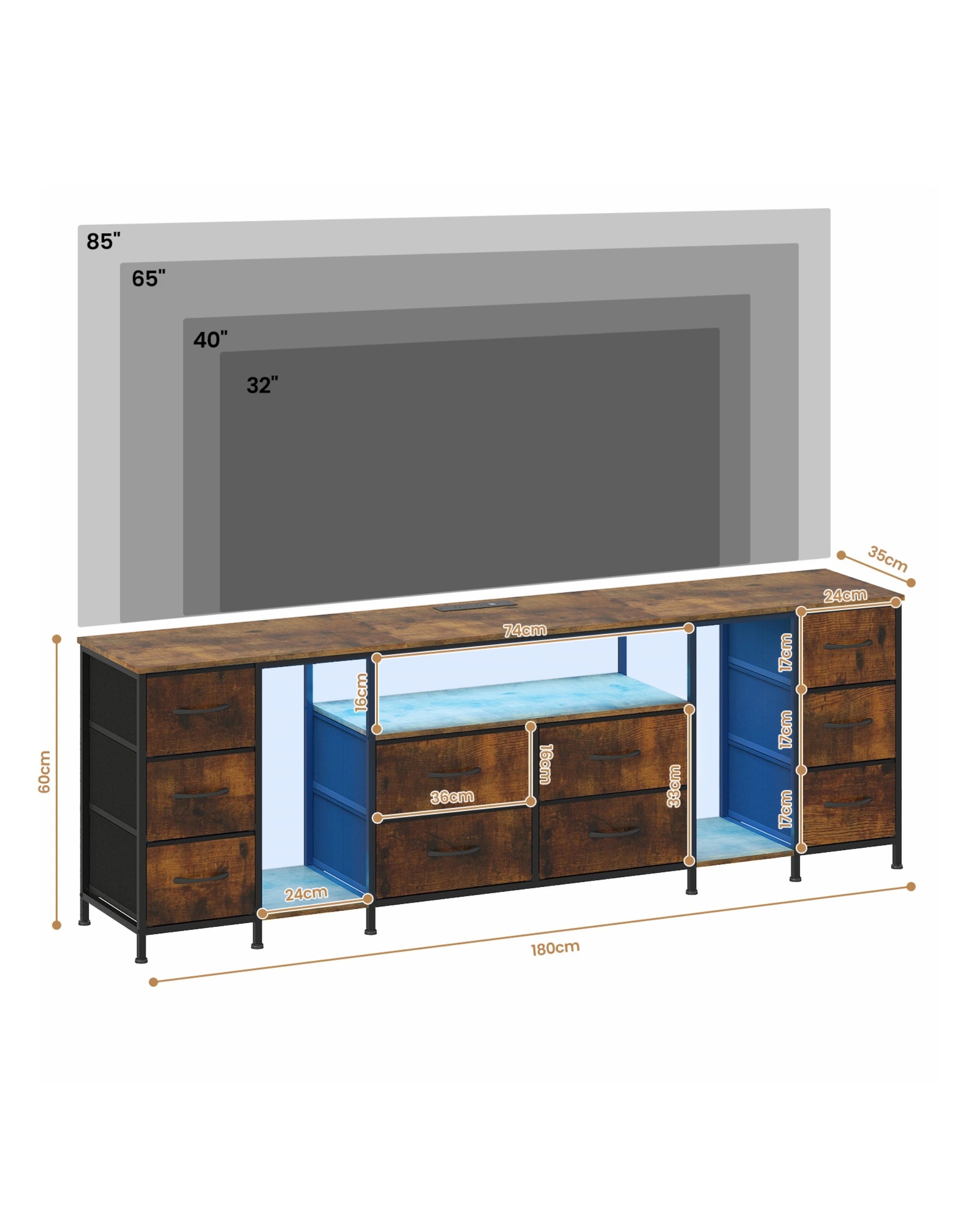 2 Advwin 180cm TV Cabinet LED Entertainment Unit Stand w/ Power Outlet & Drawer Media Console Table Walnut, 2 of 8