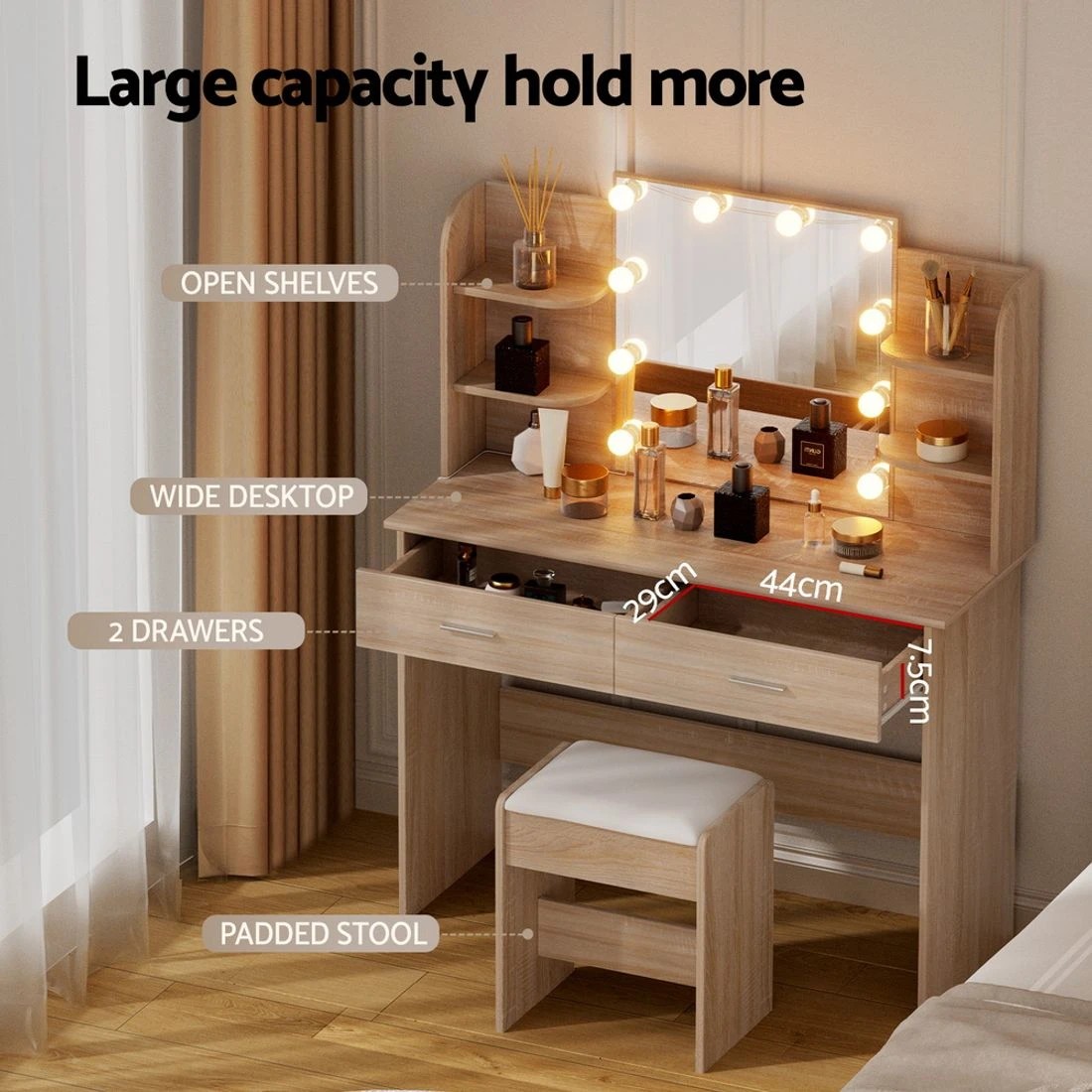 7 Artiss Dressing Table Set Stool 10 Led Bulbs Wood - Natural, 7 of 8