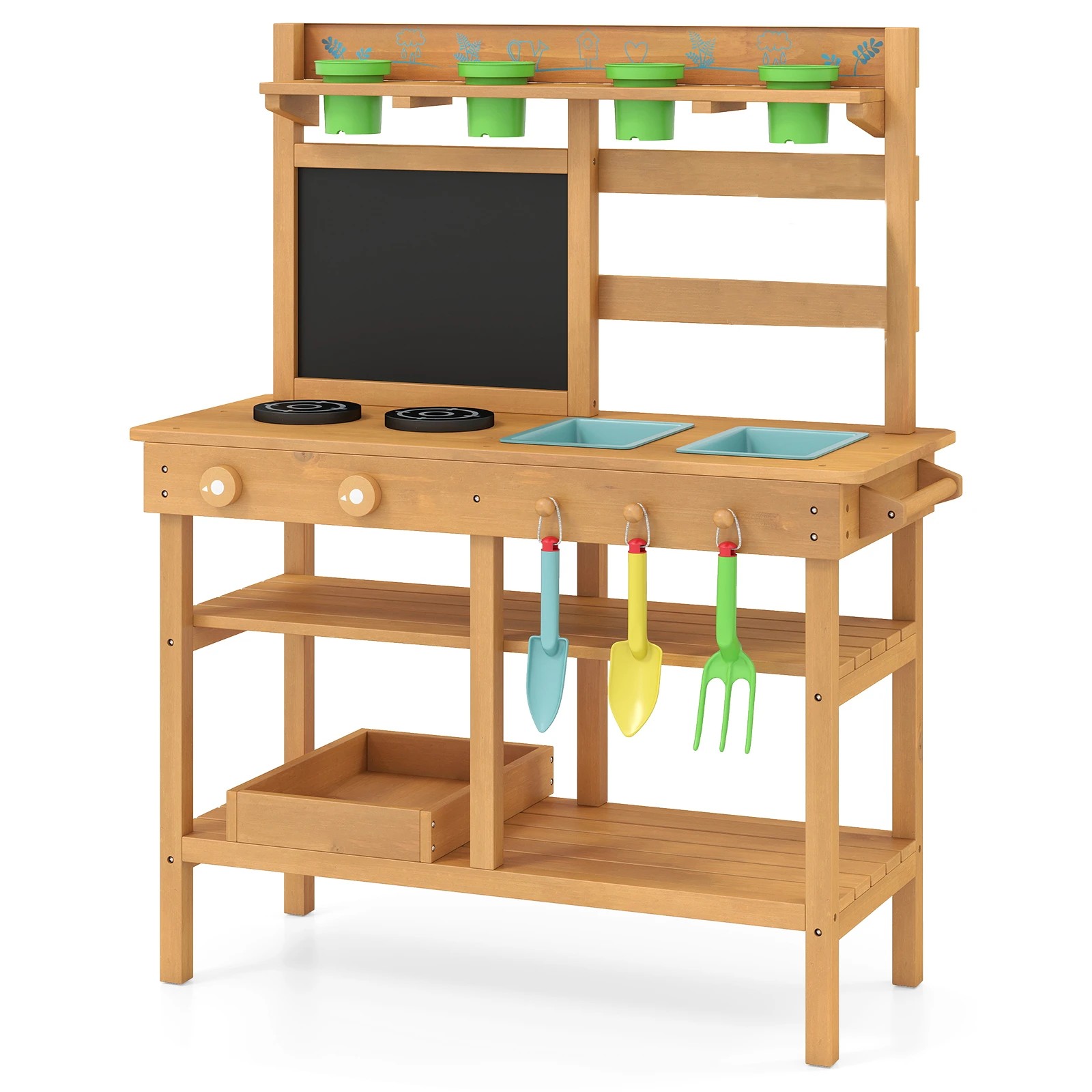 1 Costway Mud Kitchen Outdoor Kitchen Playset Sand Water Play Pretend Kitchen w/Chalkboard - Natural, 1 of 2