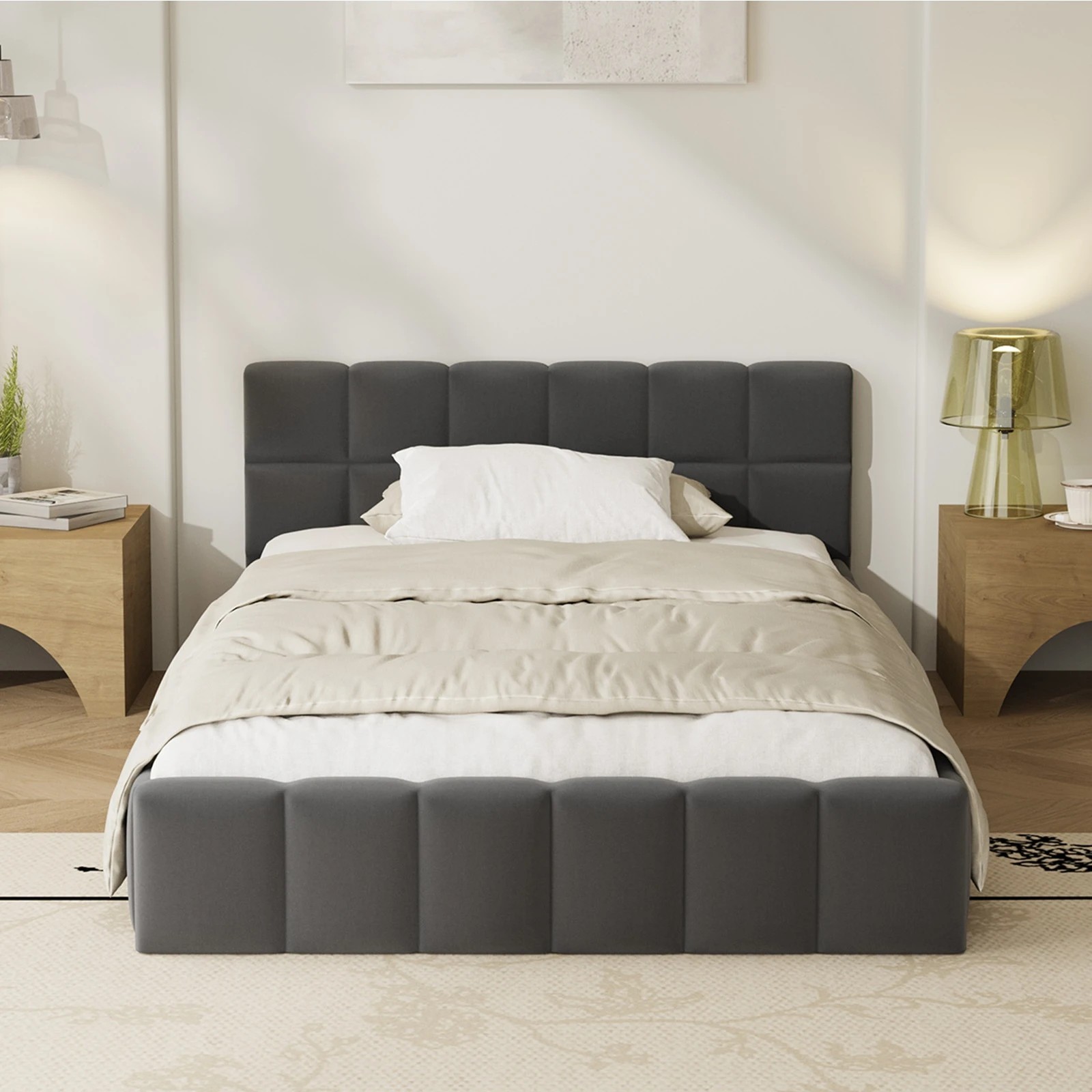 4 Oikiture Bed Frame King Single Size Tufted Headboard Velvet - Grey, 4 of 7