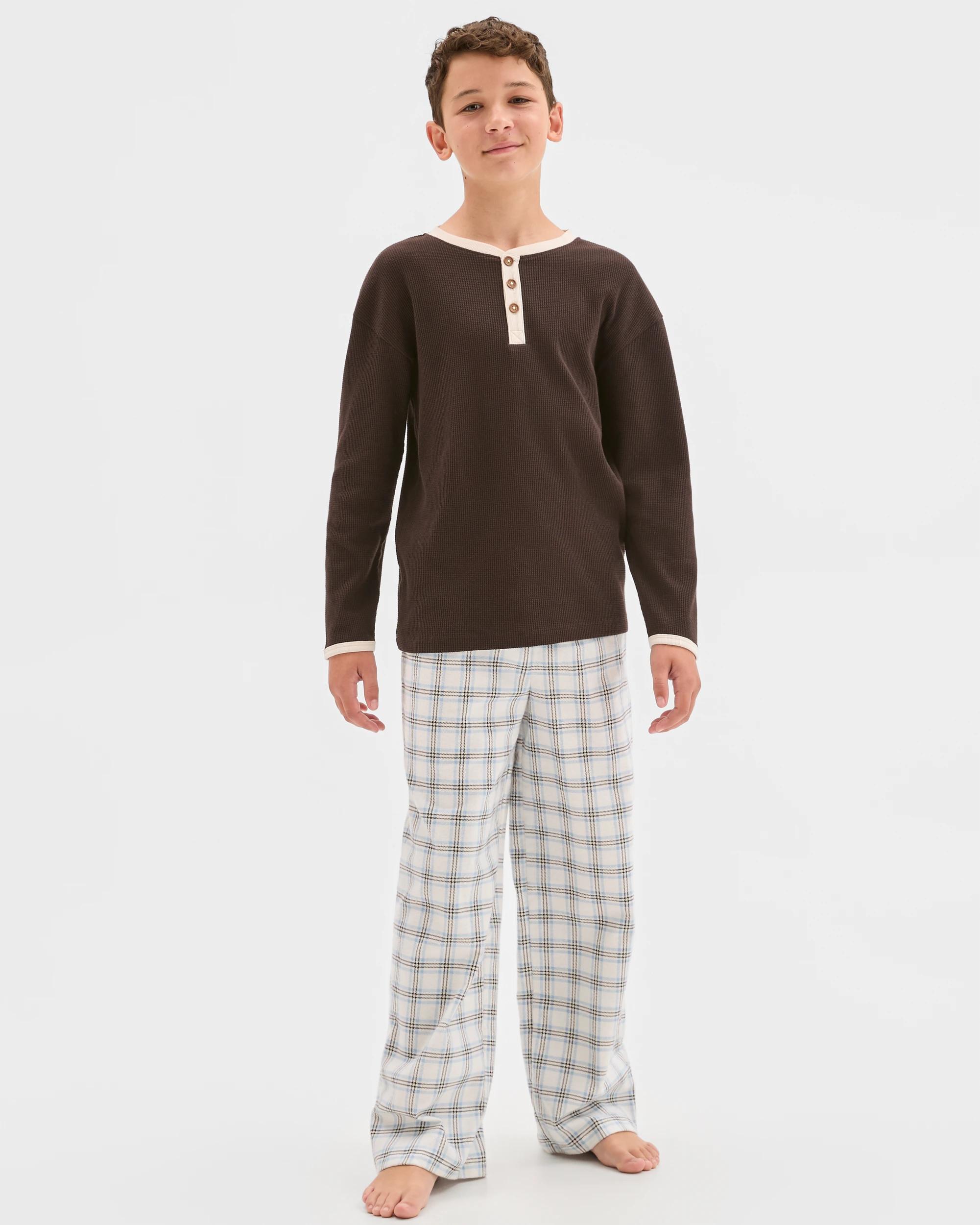 3 Target Kids Australian Cotton Older Boys Henley Top and Flannel Pants Pyjama Set BLACK CHECK, 3 of 7