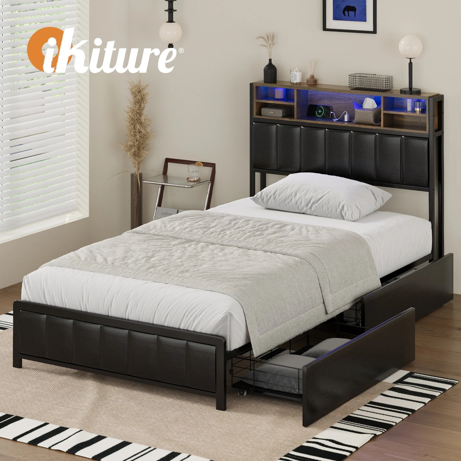 8 Oikiture Bed Frame King Single Size LED Storage Headboard USB Charge 2 Drawers - Black, 8 of 9