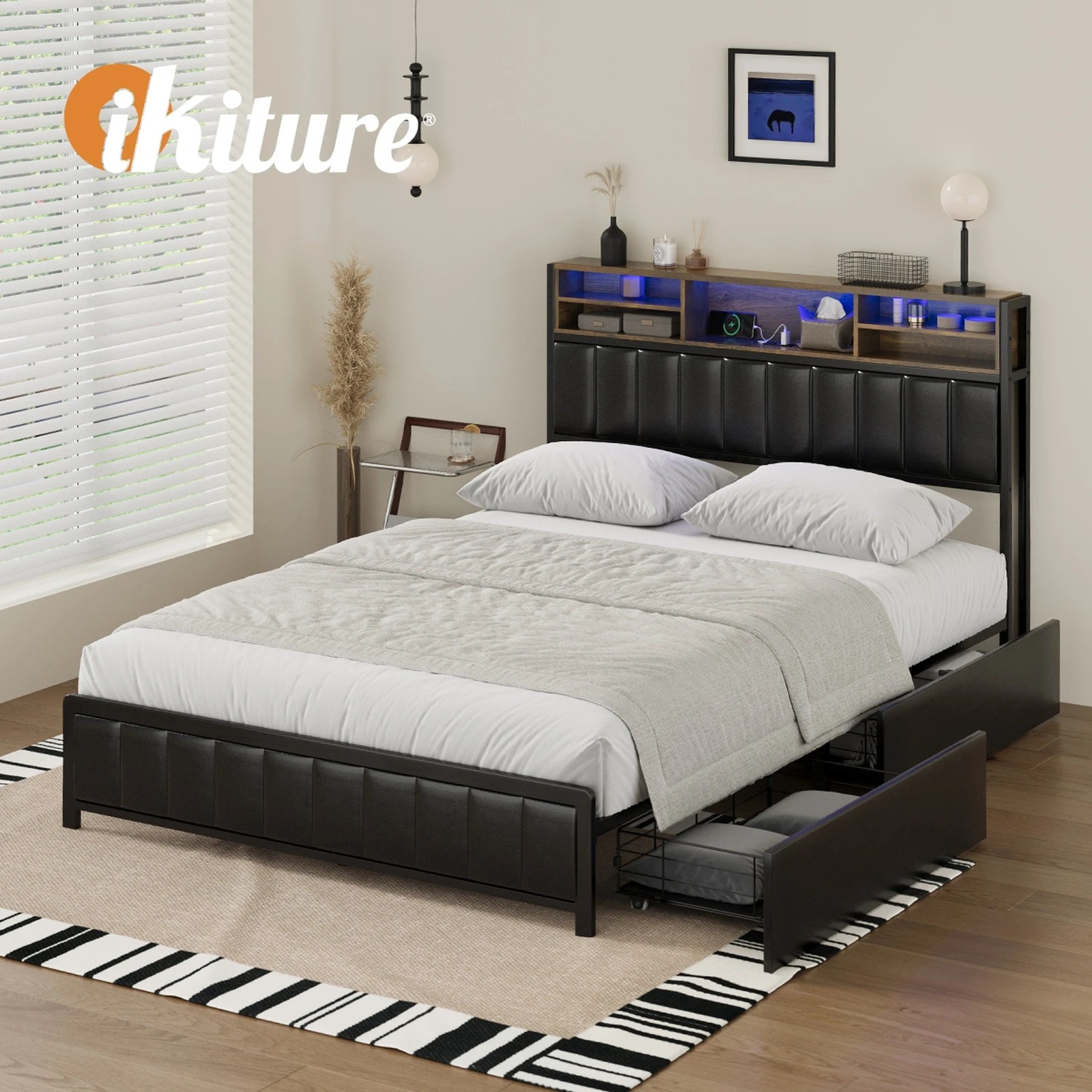 8 Oikiture Bed Frame Double Size LED Storage Headboard USB Charge 2 Drawers - Black, 8 of 9