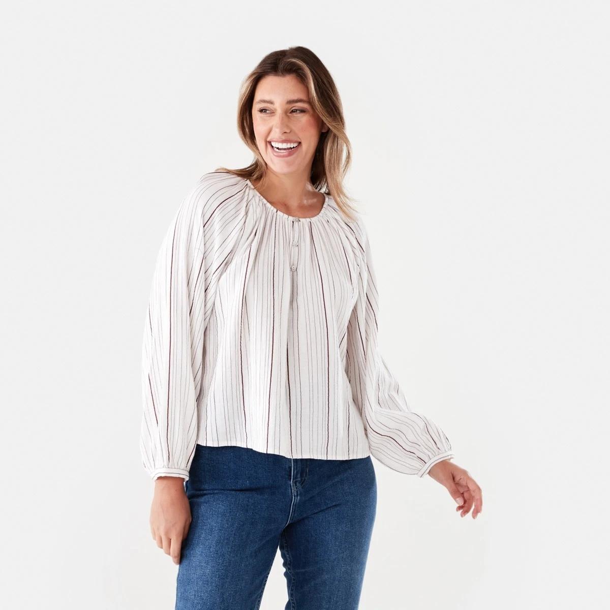 1 Long Sleeve Double Cloth Top VARIGATED STRIPE WHITE, 1 of 6