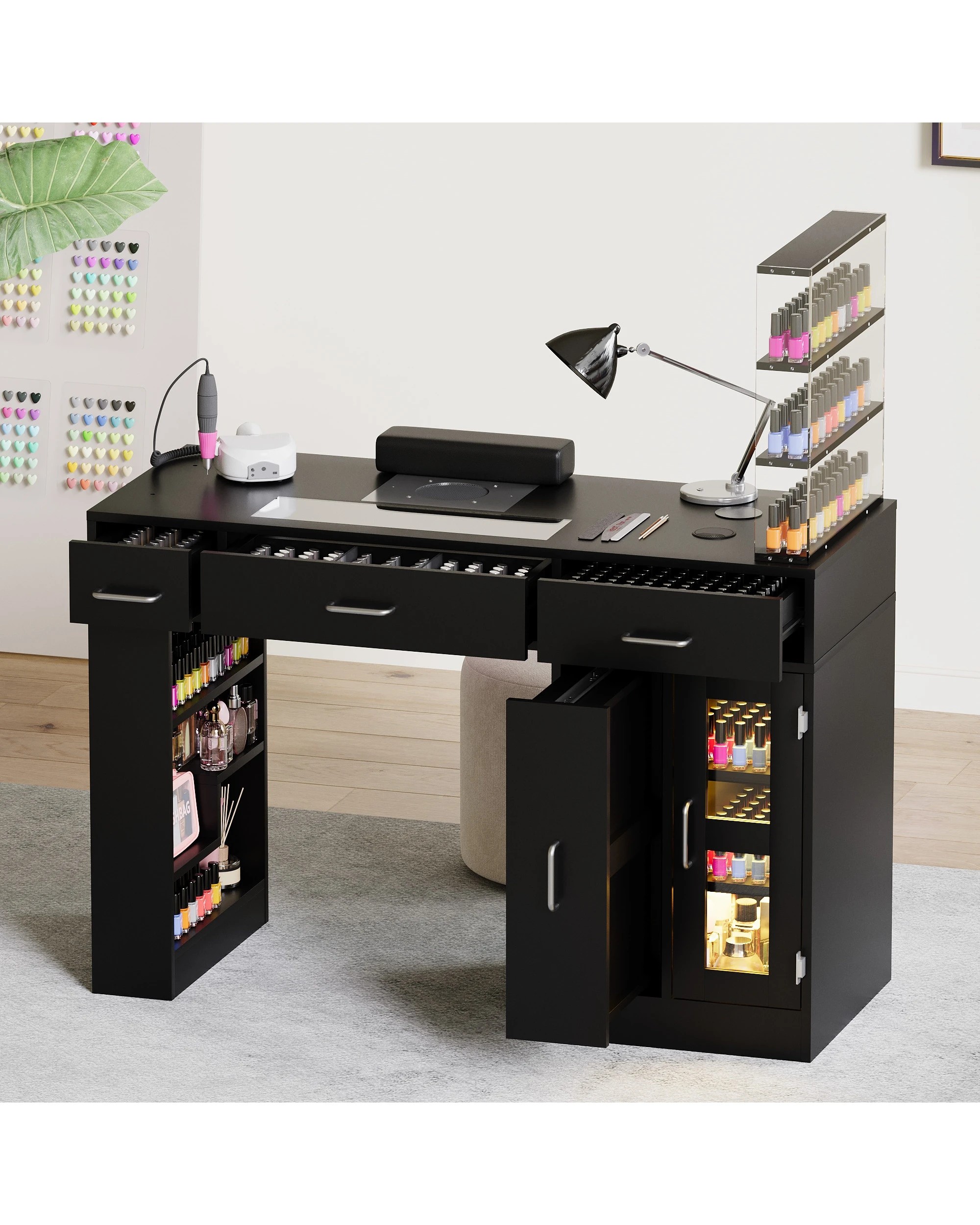 9 Advwin Vanity Nail Desk Manicure Table w/Glass Top Drawer Dust Collector Wireless Charging LED Light - Black, 9 of 10