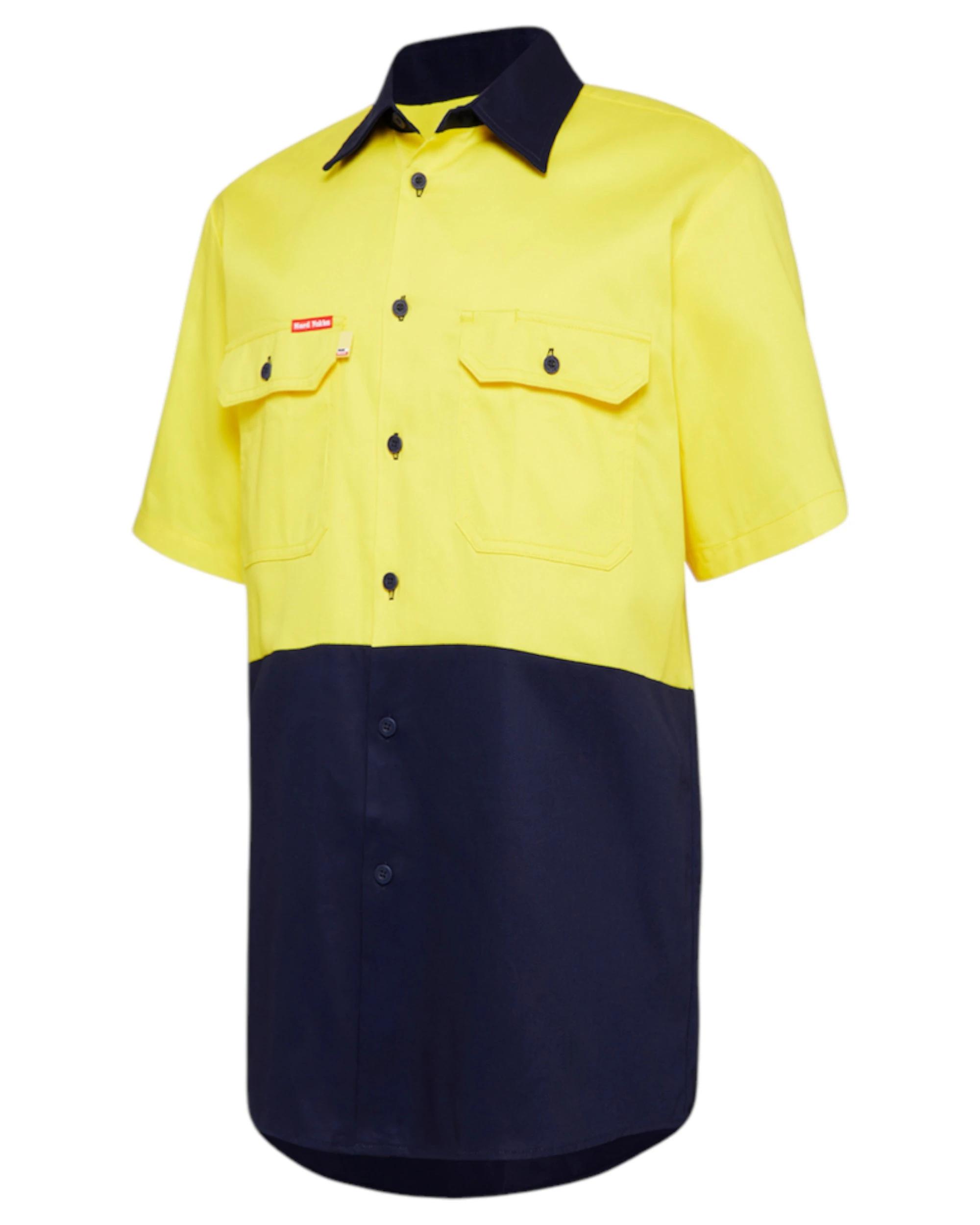 1 Hard Yakka 3 Pack Core Hi Vis 2 Tone Short Sleeve Lightweight Vented Shirt YELLOW/NAVY, 1 of 6