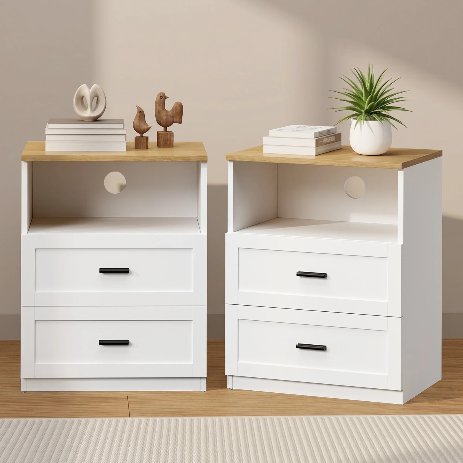 3 Oikiture 2pc Bedside Table 2 Drawers Open Shelf Nightstand Cabinet - White, 3 of 8