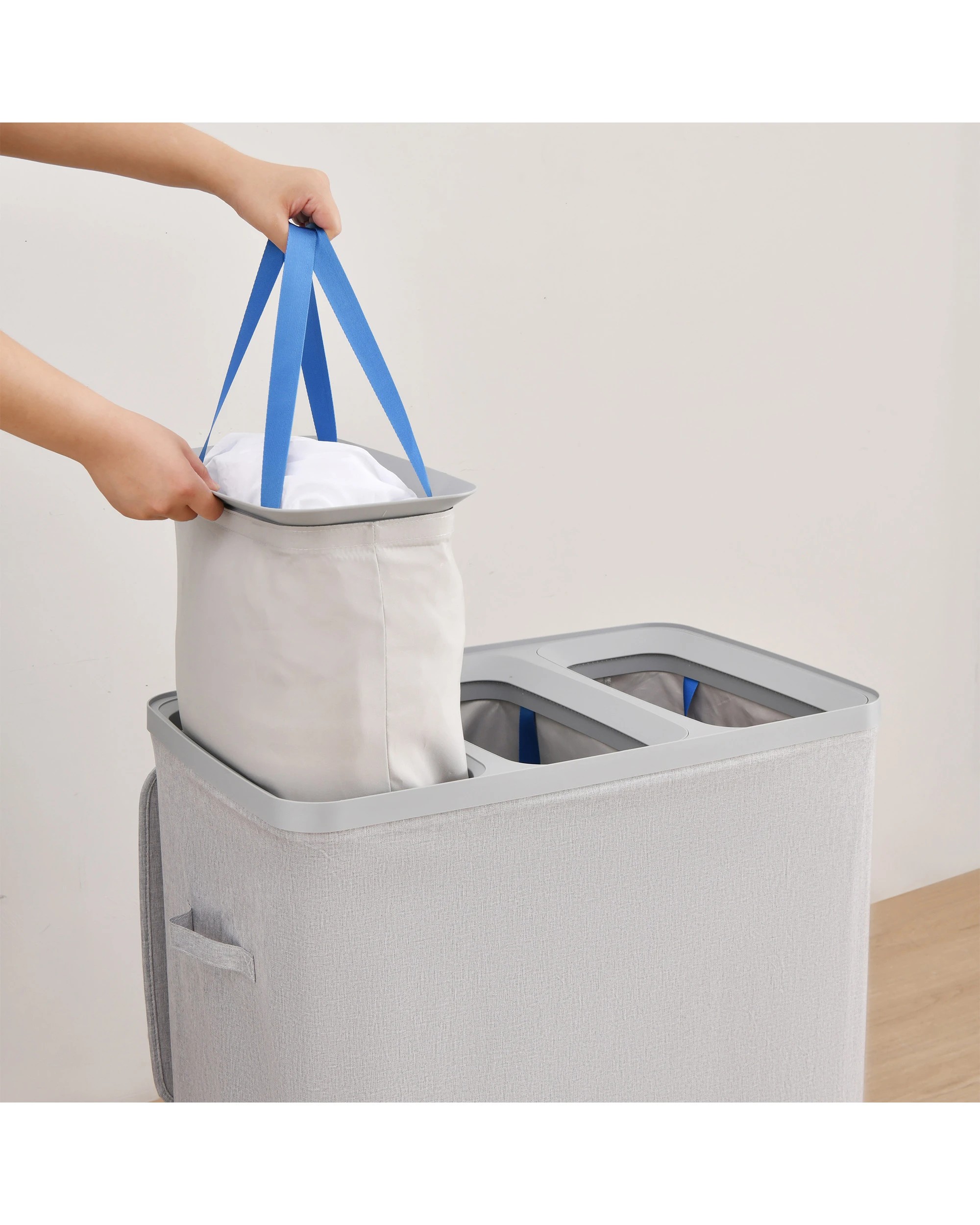 2 Sherwood Voyager 3-Section Laundry Hamper 120L Faux Linen 64x40x67cm - Grey, 2 of 10