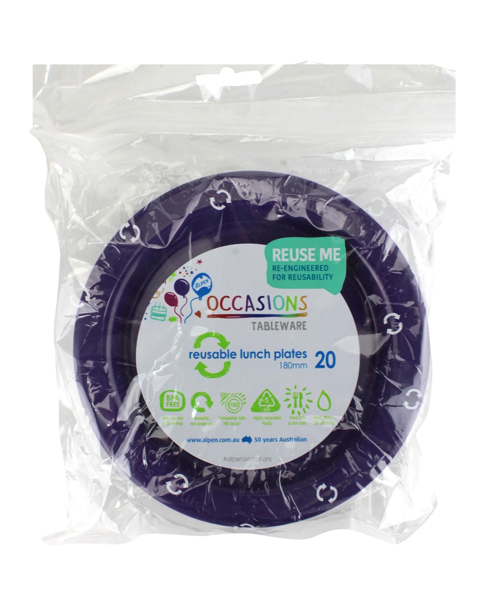 2 Alpen Purple 18cm Plastic Reusable Plates Pack of 20 - Purple, 2 of 3