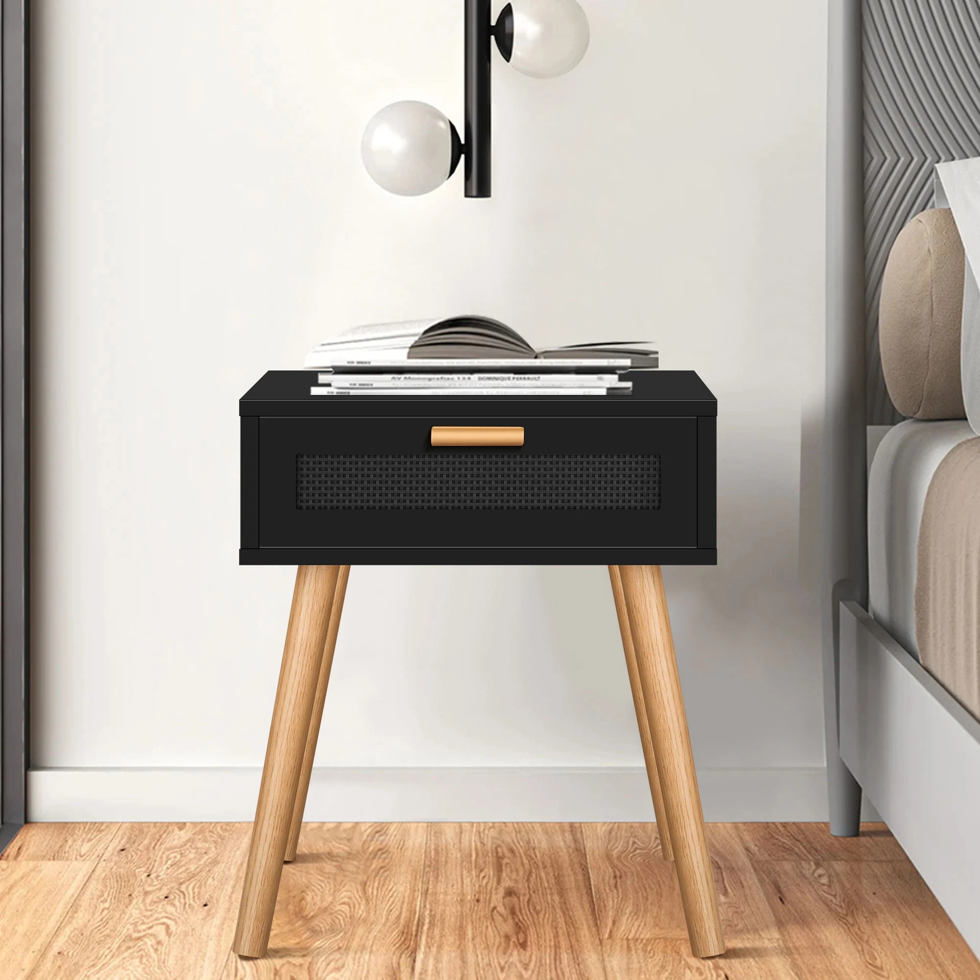 9 Alfordson Bedside Table Nightstand Side Storage Drawer Wooded Rattan - Black, 9 of 10