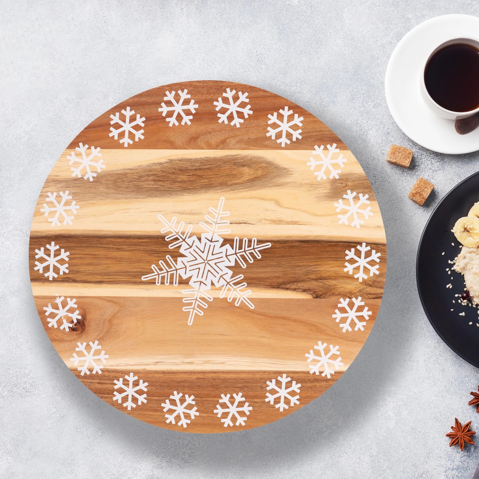 3 Bread and Butter 18 Inch Print Wooden Lazy Susan Tray - White Snowflake - Brown, 3 of 4