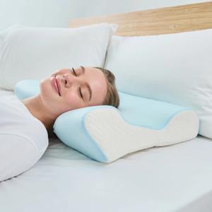 Ergonomic Memory Foam Pillow - Medium Profile, Blue and White