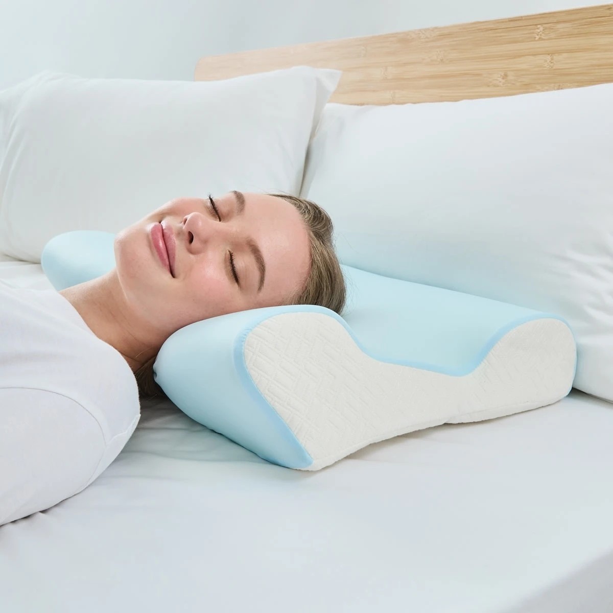 1 Ergonomic Memory Foam Pillow - Medium Profile, Blue and White, 1 of 10