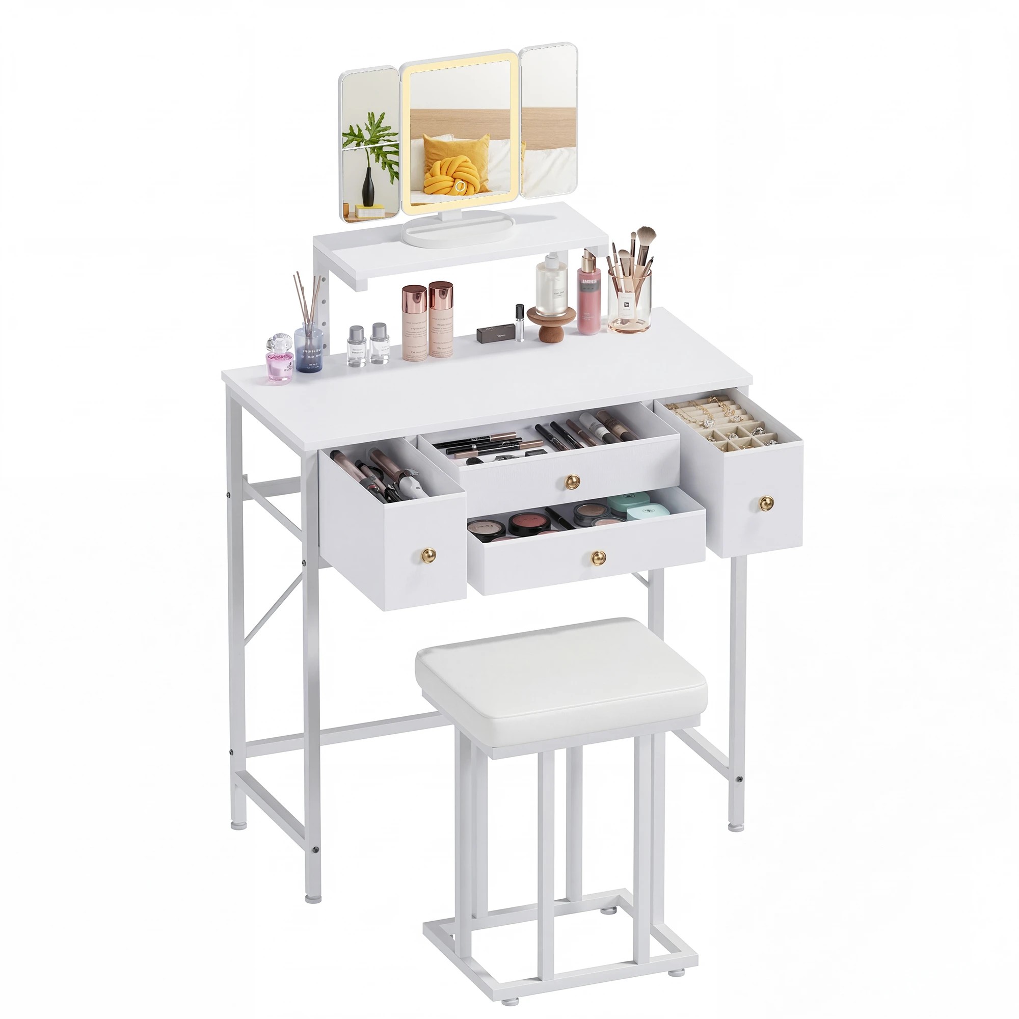 4 Advwin Dressing Table with LED Mirror 4-Drawer Height-Adjustable Stand - White, 4 of 7