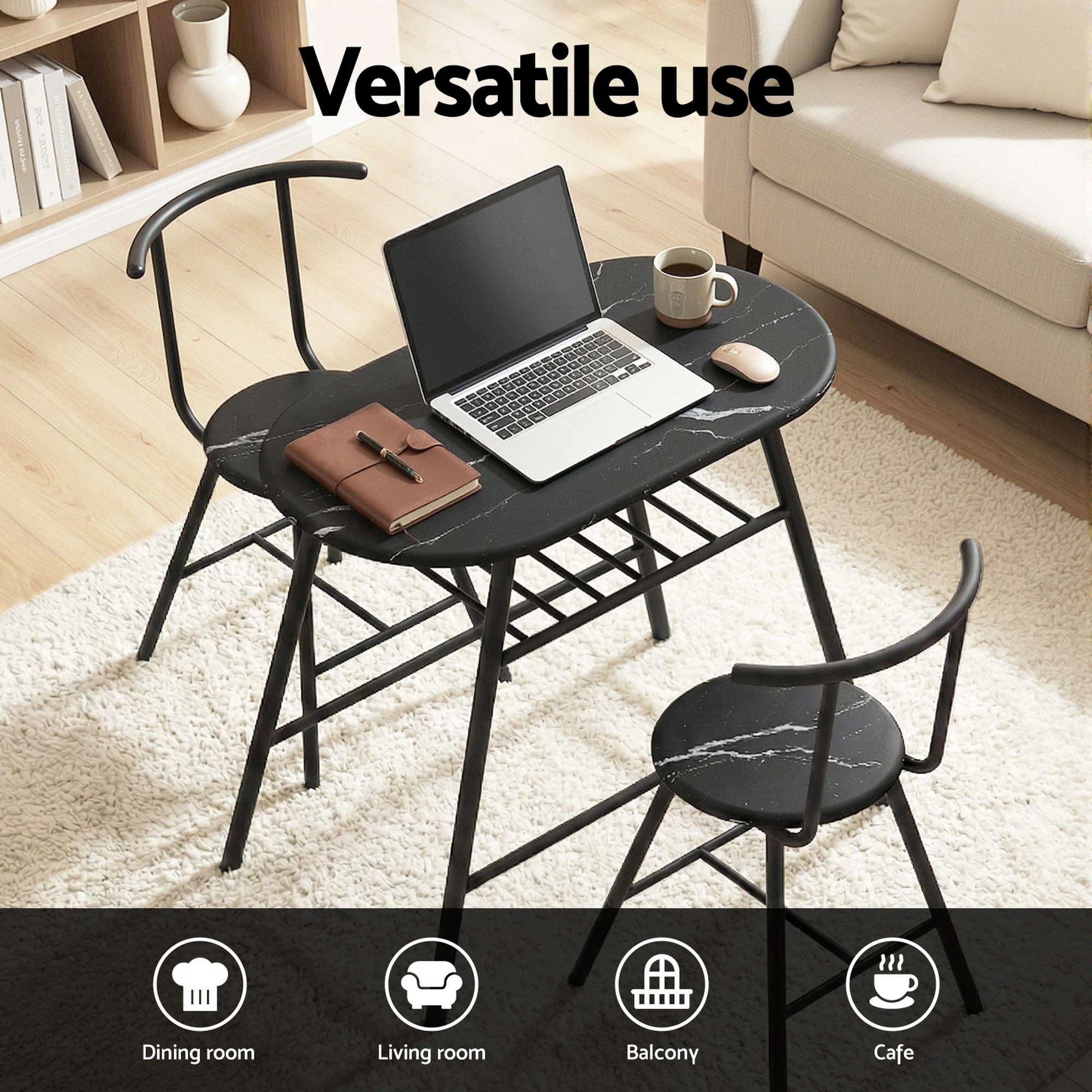 2 Artiss Dining Table Set 3PC Bistro Kitchen Storage Wine Rack  Marble Style - Black, 2 of 6