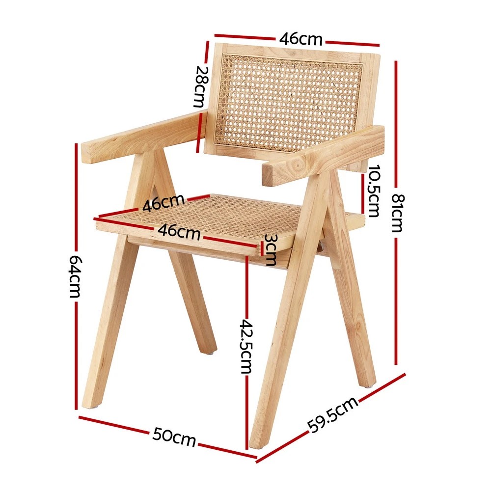 2 Artiss 2x Dining Chairs Wooden Rattan Seat Rubber Wood - Natural, 2 of 6