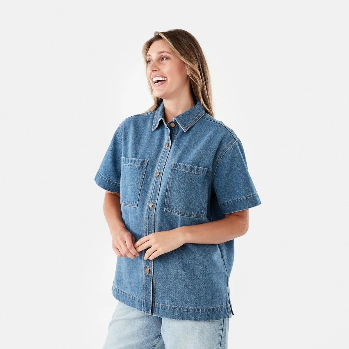 2 Short Sleeve Denim Shirt Mid Wash, 2 of 7