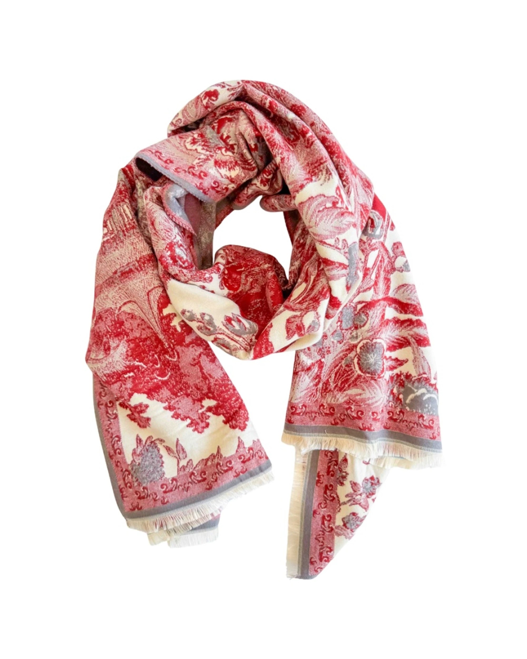 1 Urban Products Araminta Toile Scarf Landscape Soft Lightweight Fringed 180cm - Red, 1 of 1