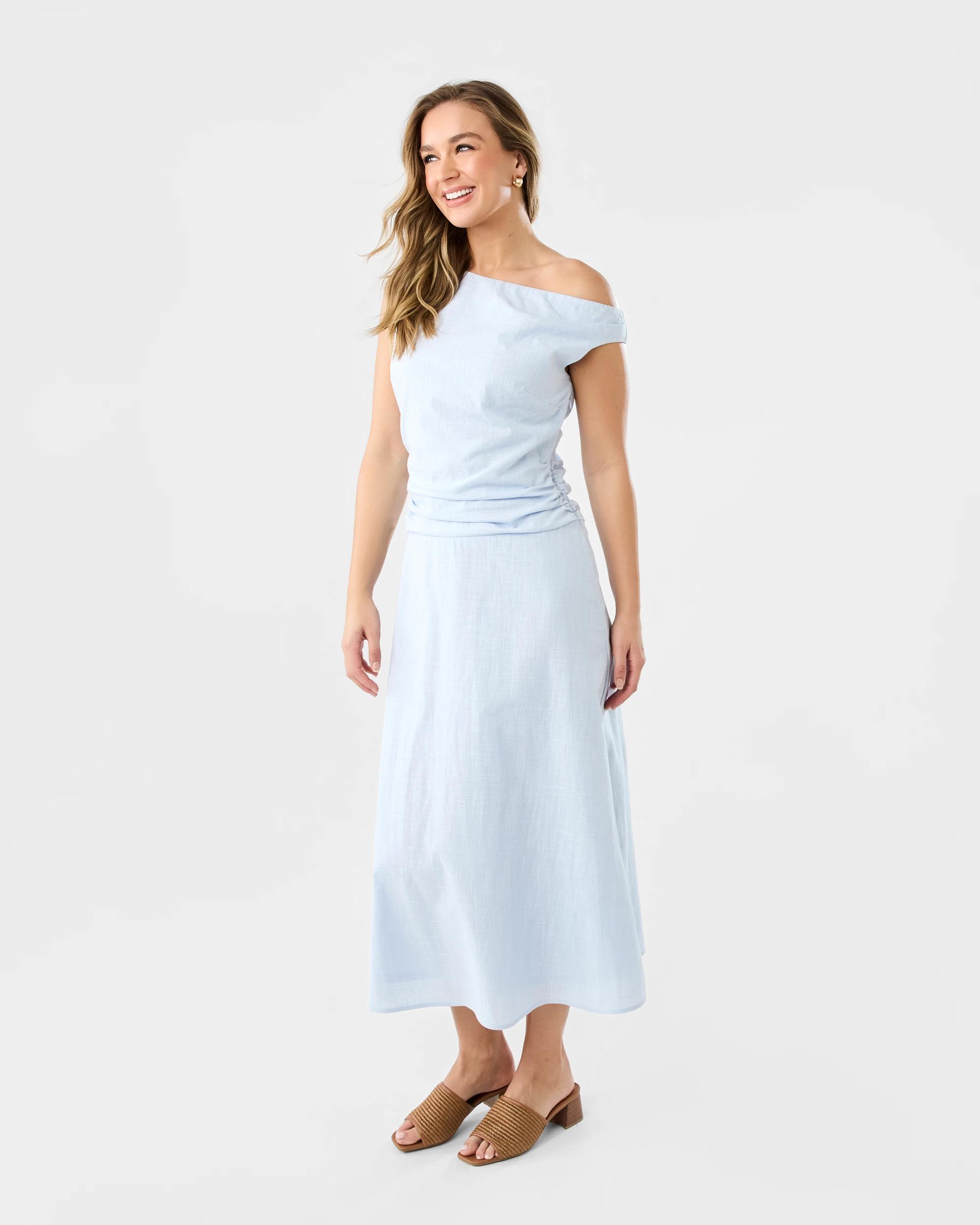 2 Sleeveless Asymmetrical Off Shoulder Midi Dress Powd Blue, 2 of 8