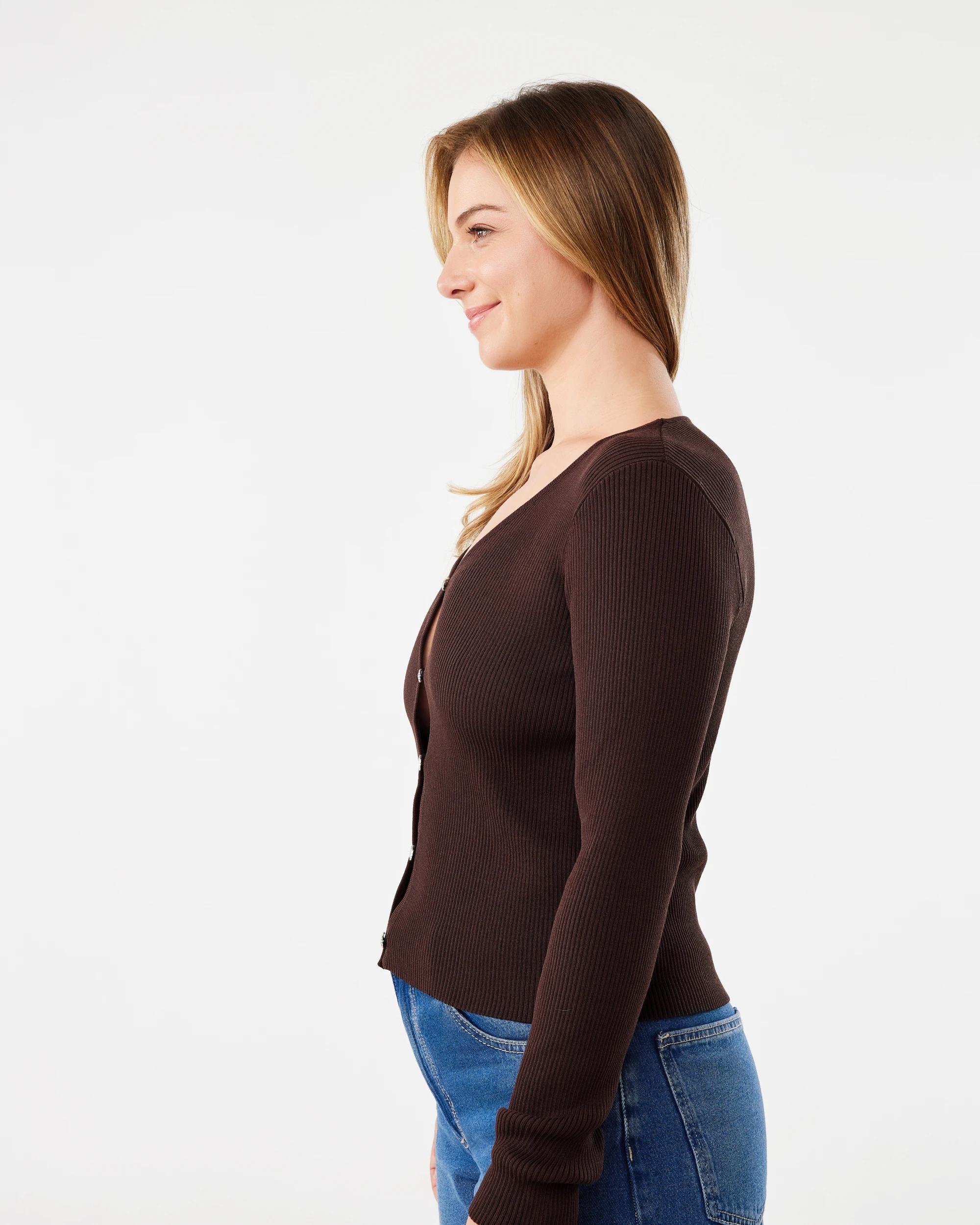 2 Long Sleeve V-Neck Button Through Top Melt Brown, 2 of 6