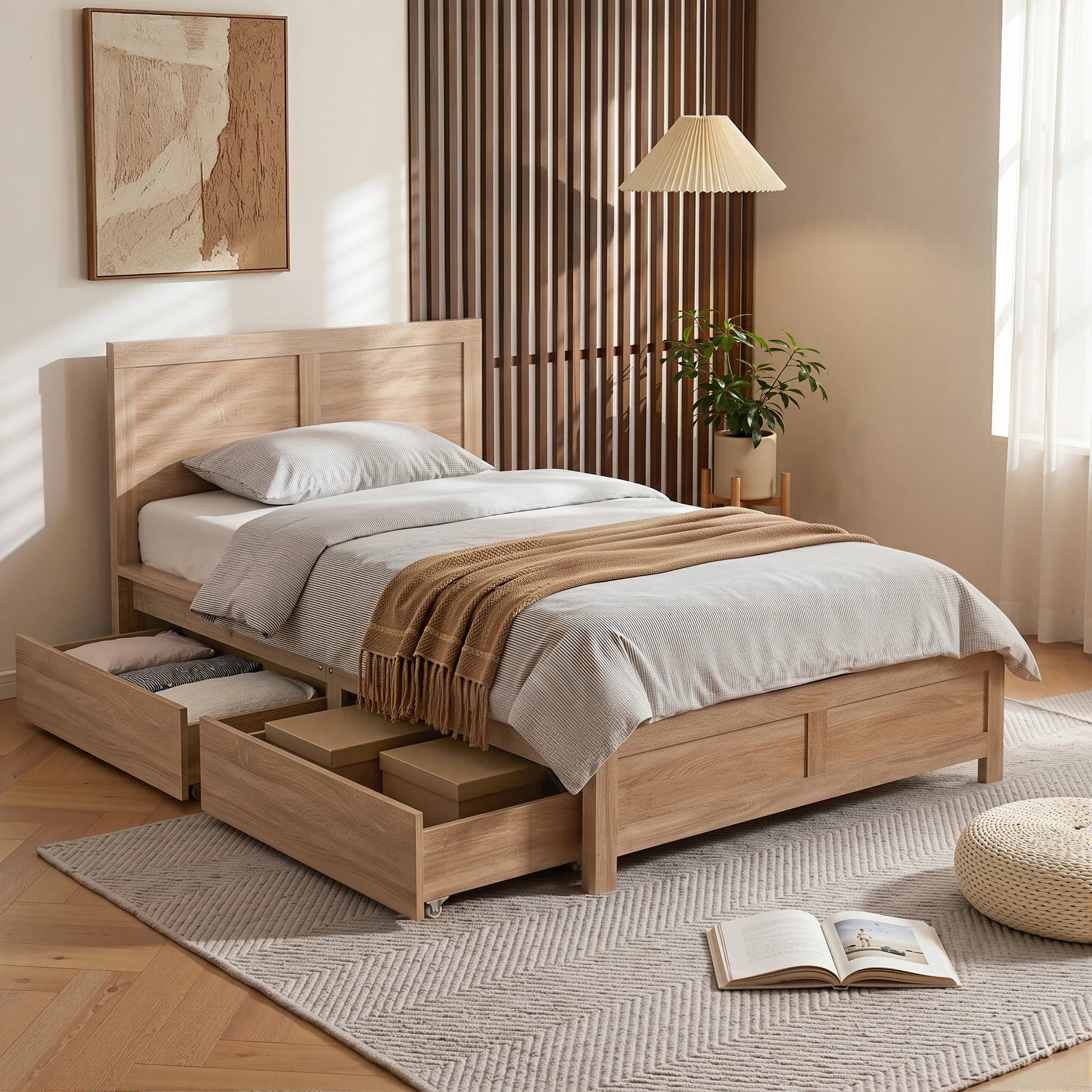 2 Artiss Single Bed Frame with 2 Drawers Wooden Bed Base - Brown, 2 of 8