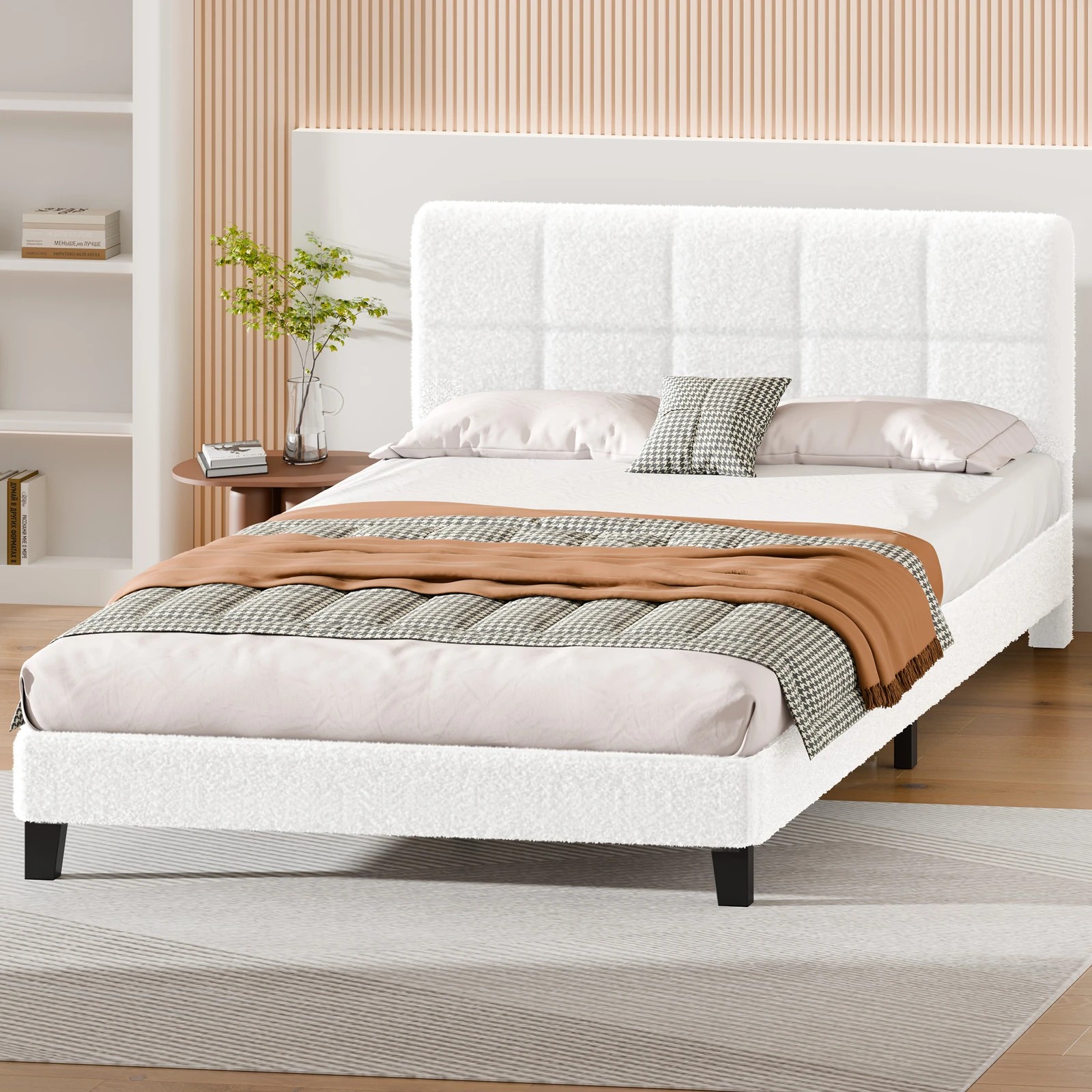 8 Alfordson Bed Frame Queen Size Wooden Slats Platform Boucle Paula - White, 8 of 9